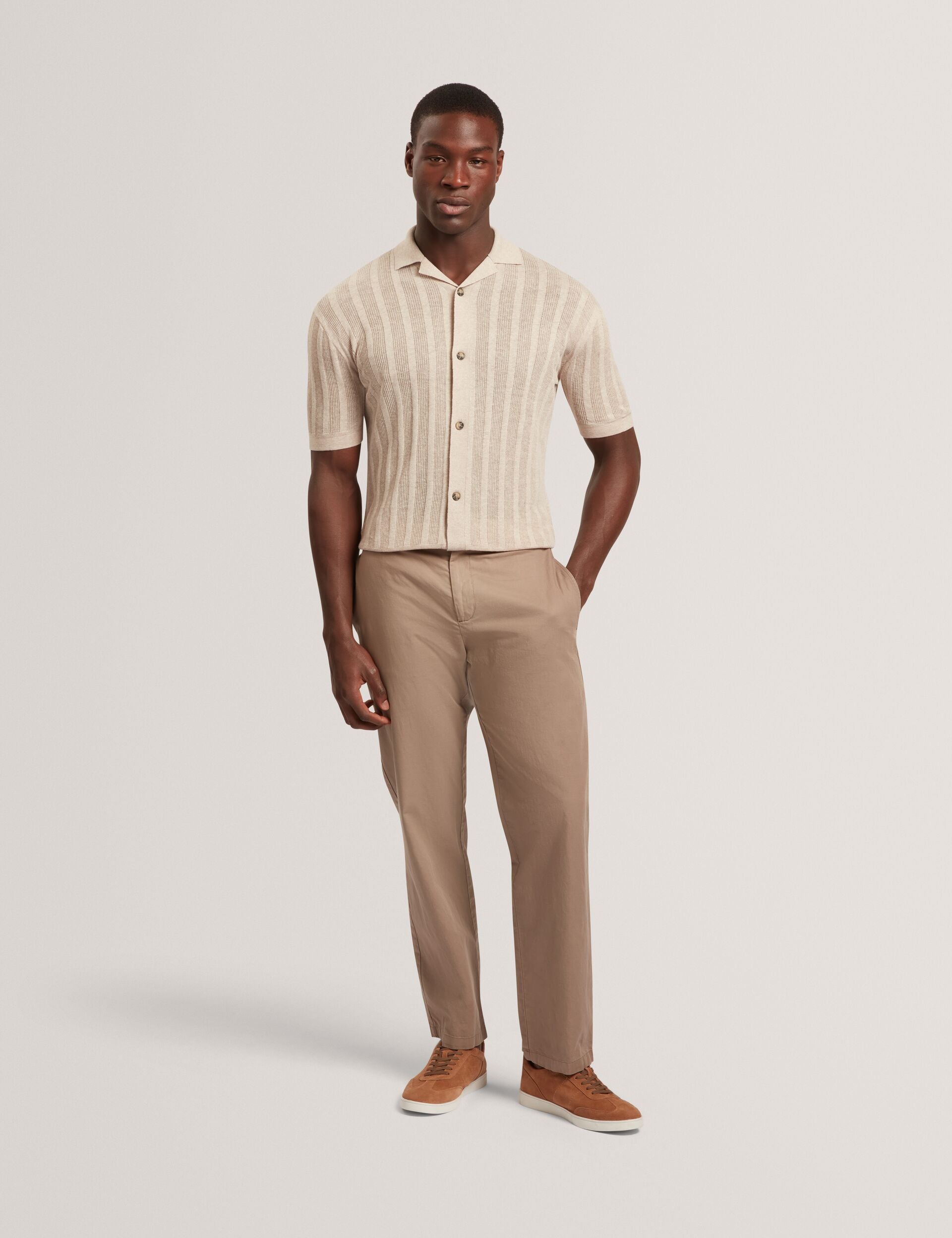 Ted Baker EDIO Stitched Stripe Knit Button-Through Polo ECRU
