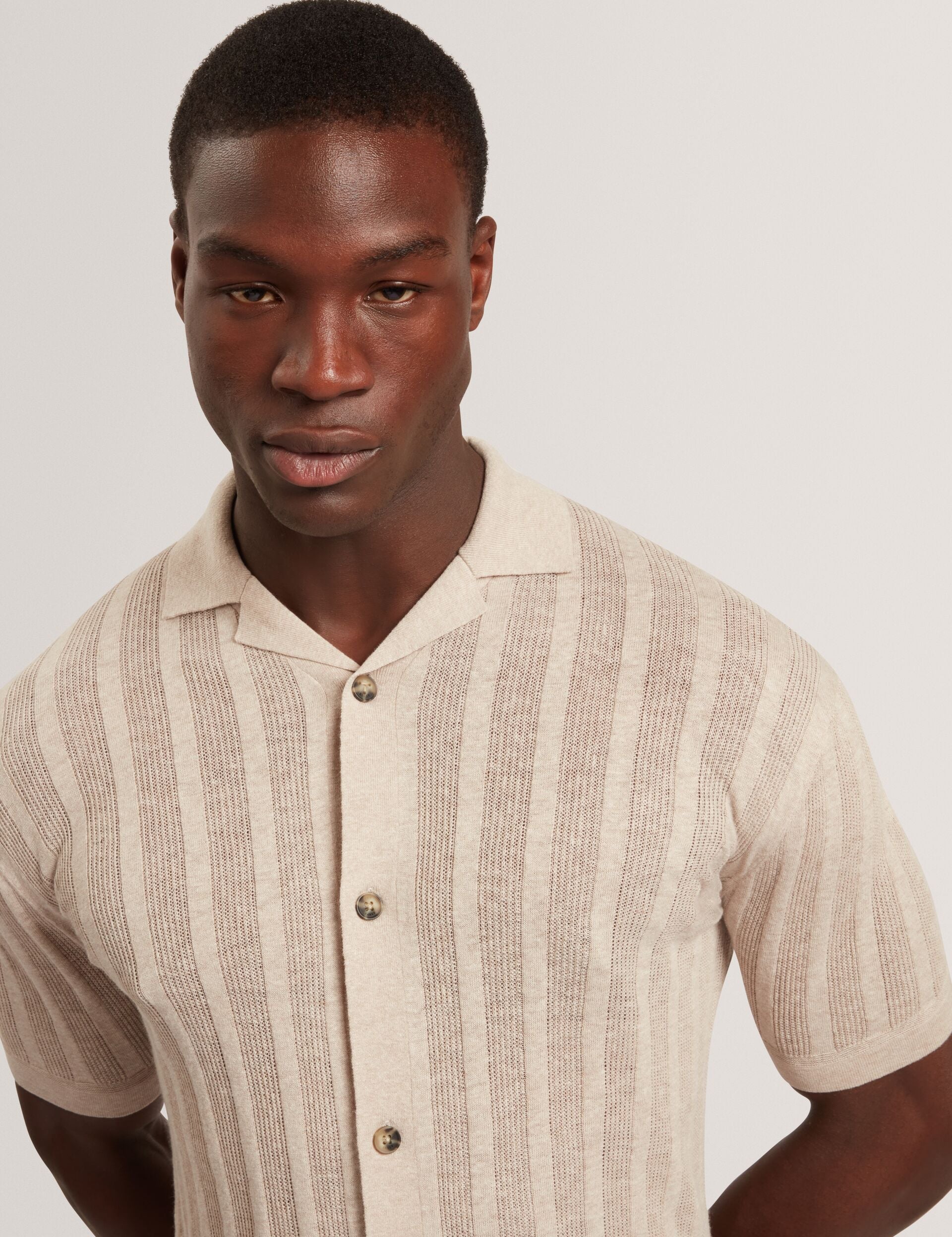 Ted Baker EDIO Stitched Stripe Knit Button-Through Polo ECRU