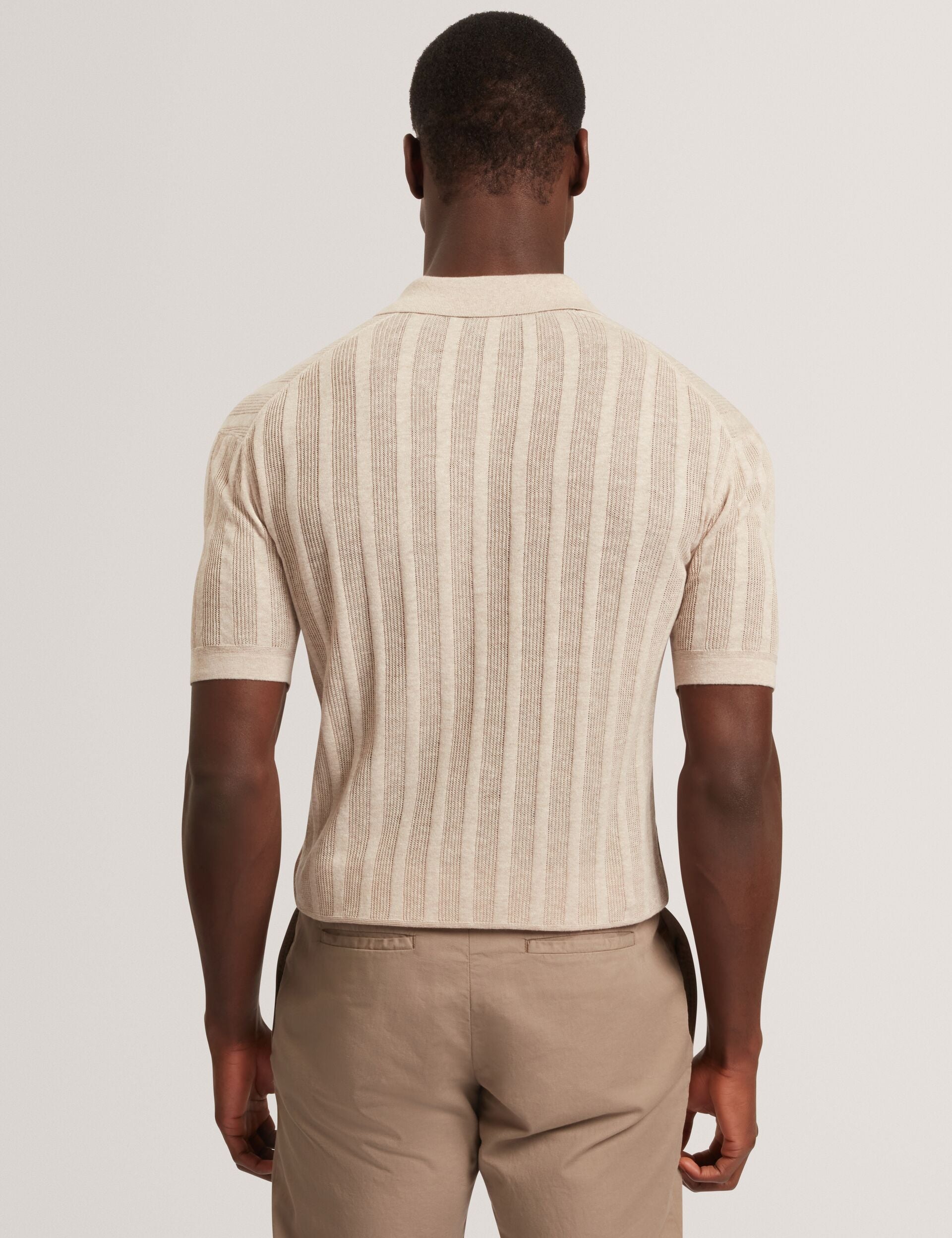 Ted Baker EDIO Stitched Stripe Knit Button-Through Polo ECRU