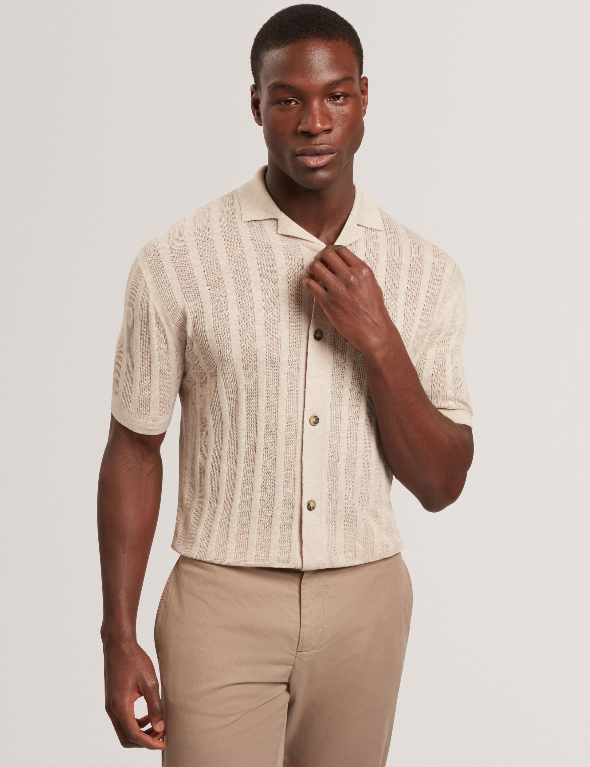 Ted Baker EDIO Stitched Stripe Knit Button-Through Polo ECRU