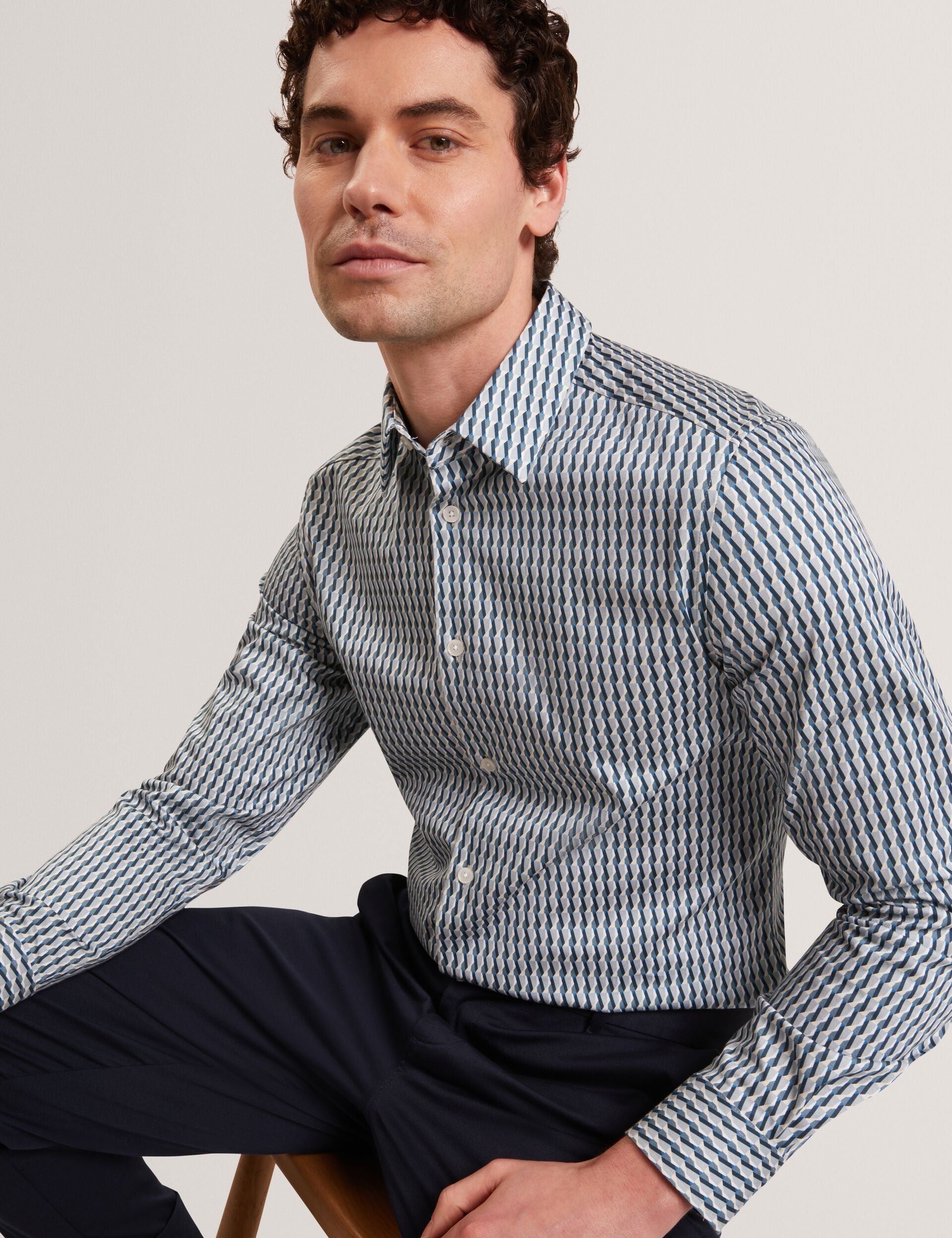Ted Baker FIRDAWI Slim Geo Striped Long Sleeve Shirt NAVY