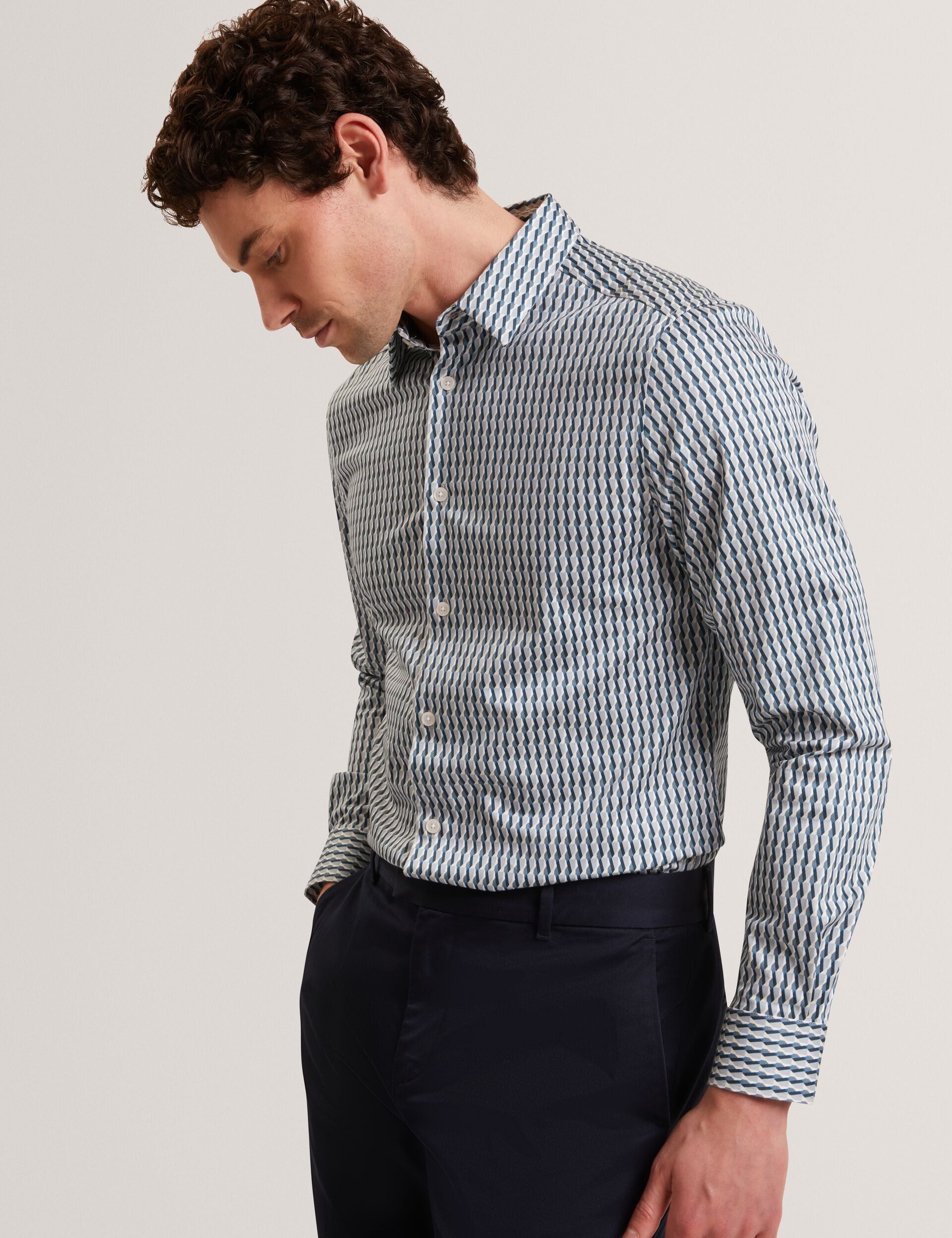 Ted Baker FIRDAWI Slim Geo Striped Long Sleeve Shirt NAVY