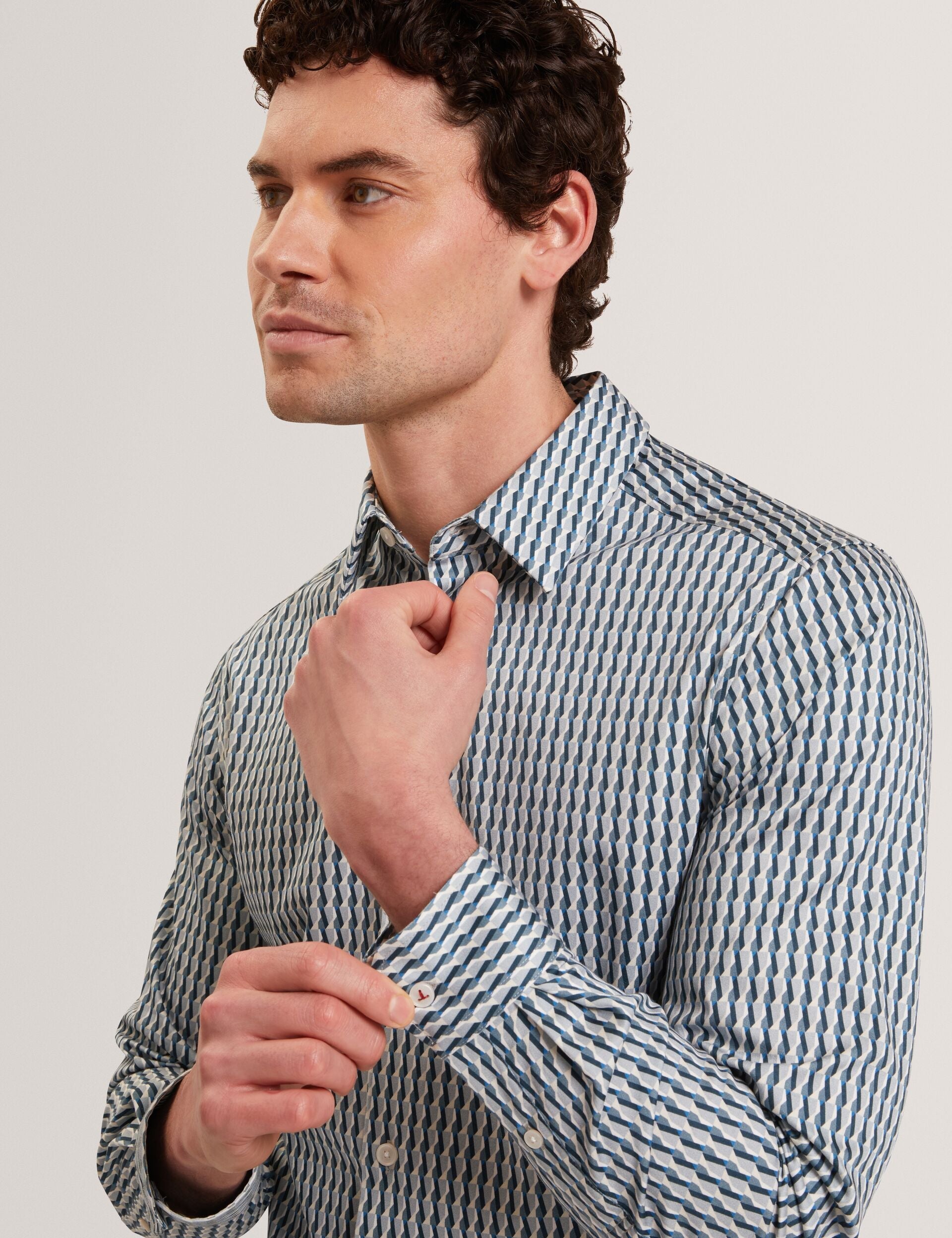 Ted Baker FIRDAWI Slim Geo Striped Long Sleeve Shirt NAVY