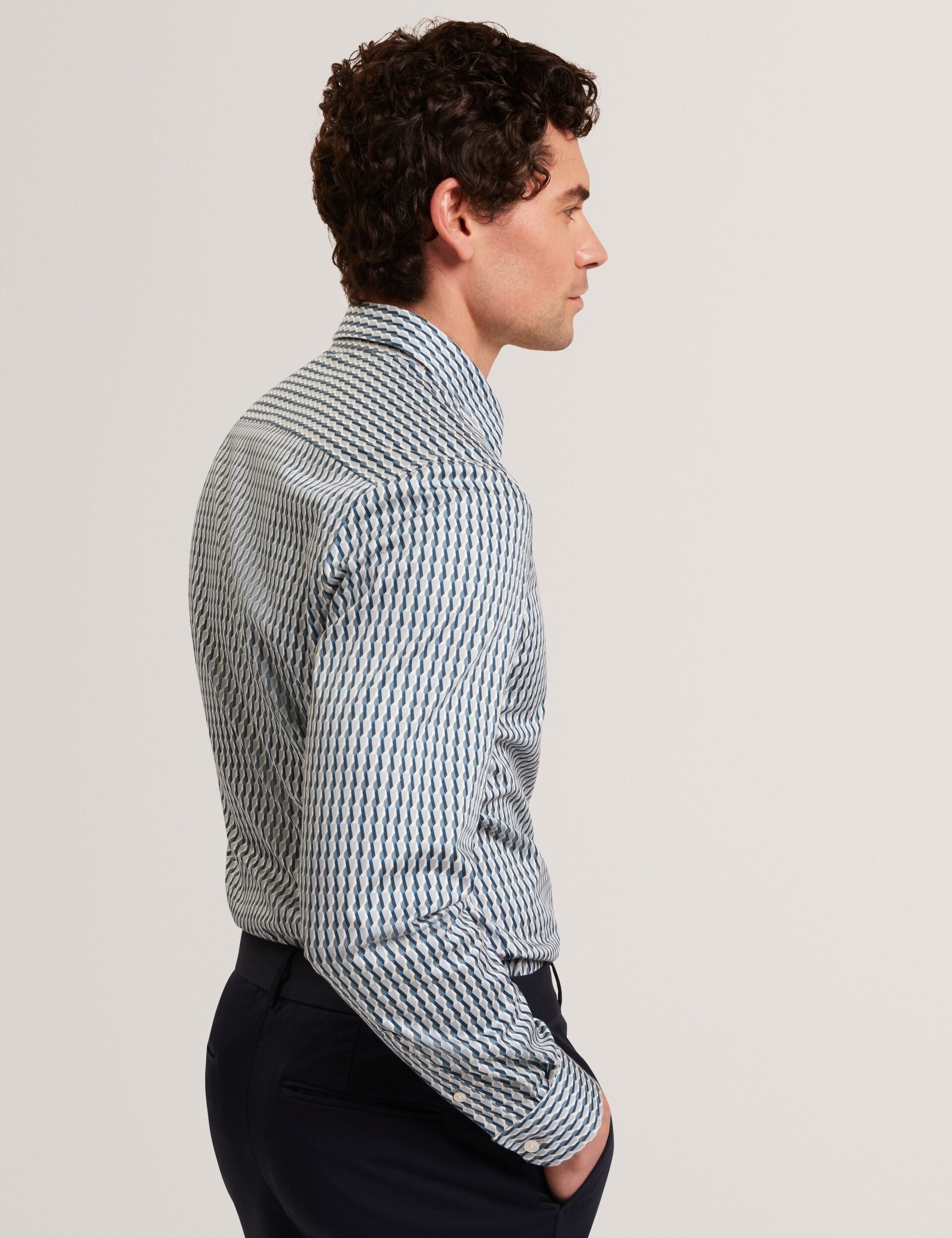 Ted Baker FIRDAWI Slim Geo Striped Long Sleeve Shirt NAVY