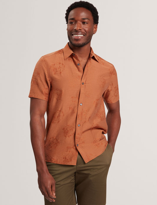 Ted Baker FABIANE Floral Jacquard Woven Short Sleeve Shirt BURNT RED