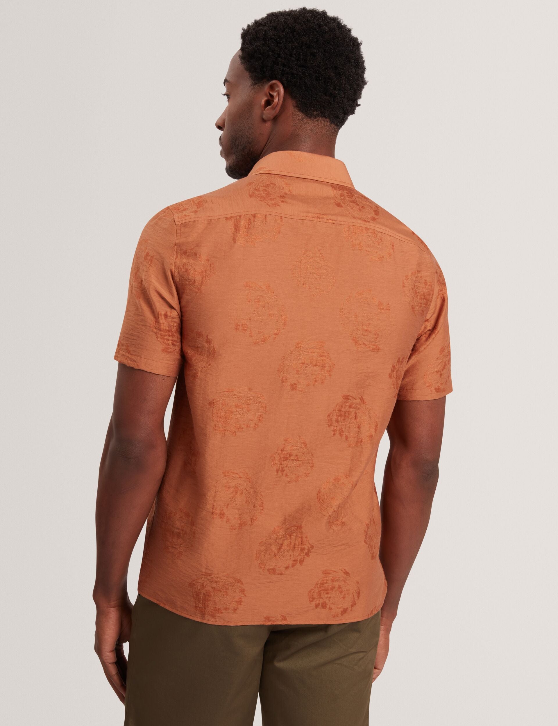 Ted Baker FABIANE Floral Jacquard Woven Short Sleeve Shirt BURNT RED