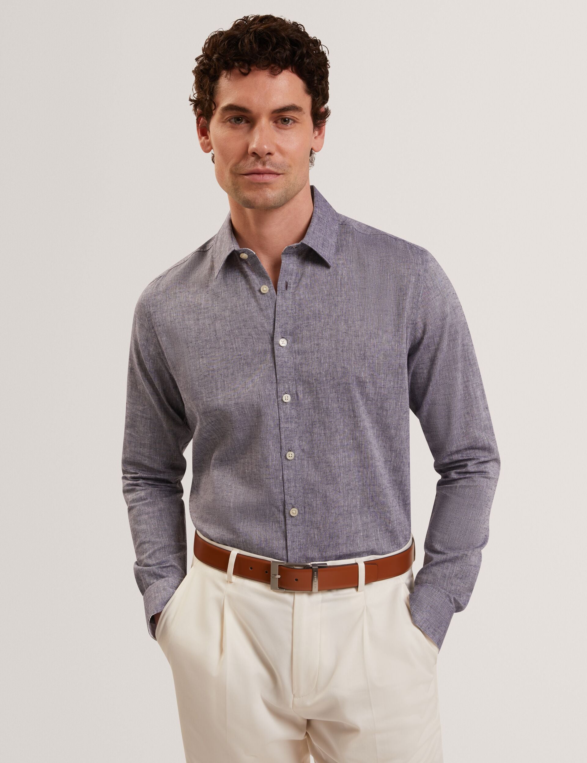 Ted Baker PRYNN Linen Cotton Woven Long Sleeve Shirt NAVY