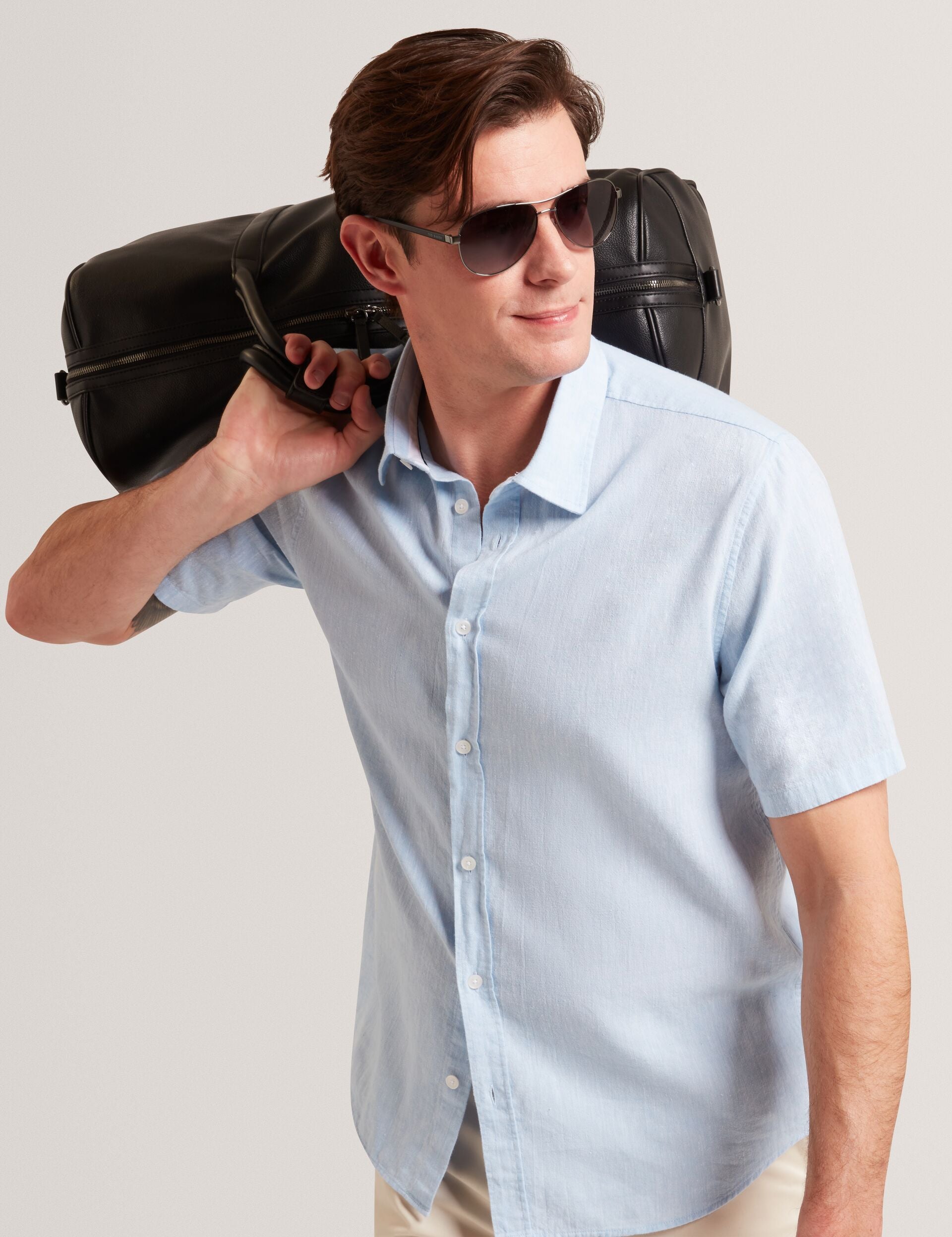 Ted Baker WRYTE Short Sleeve Linen Cotton Woven Shirt LIGHT BLUE