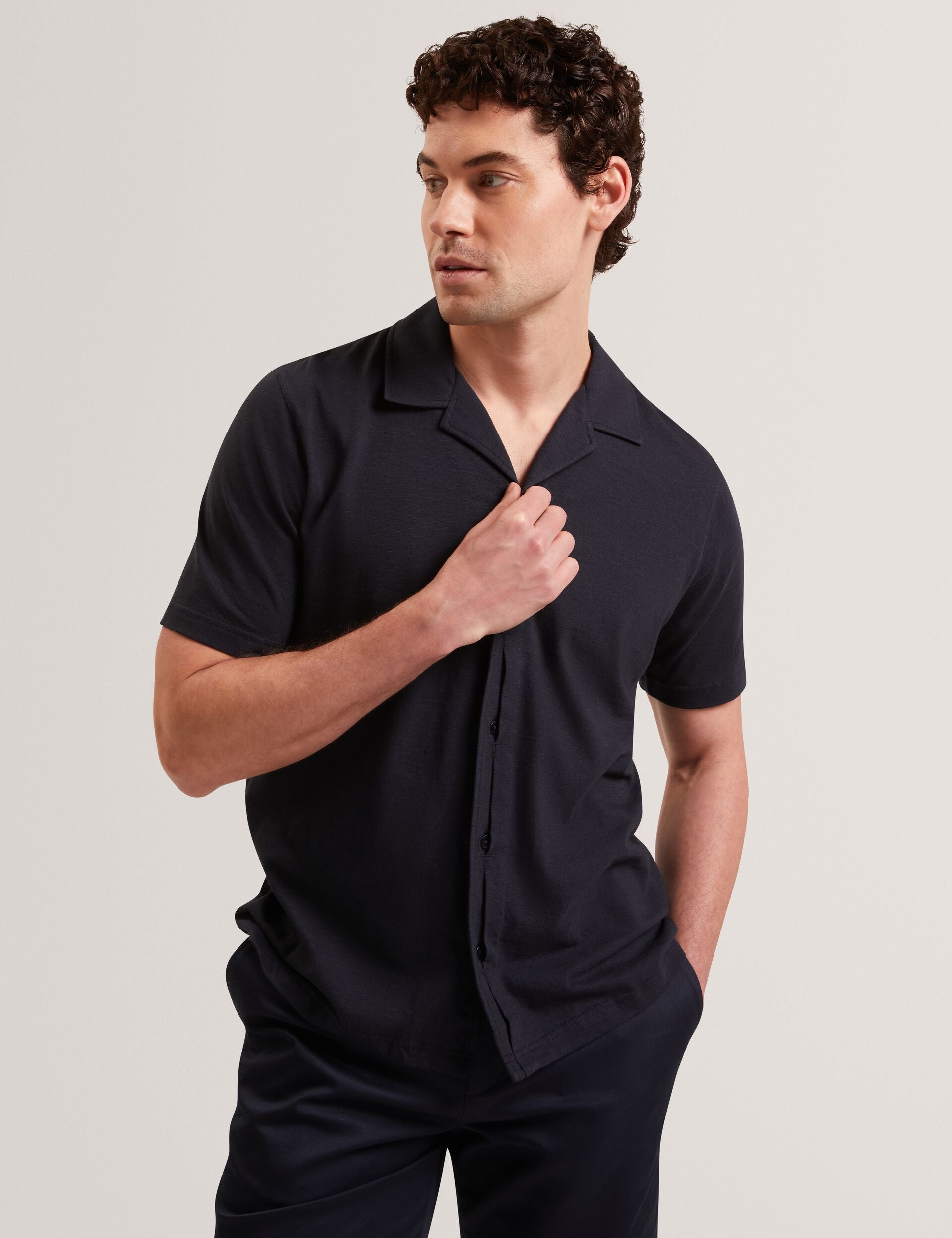 Ted Baker FENDRY Relaxed Cotton Linen Button-Through Shirt NAVY