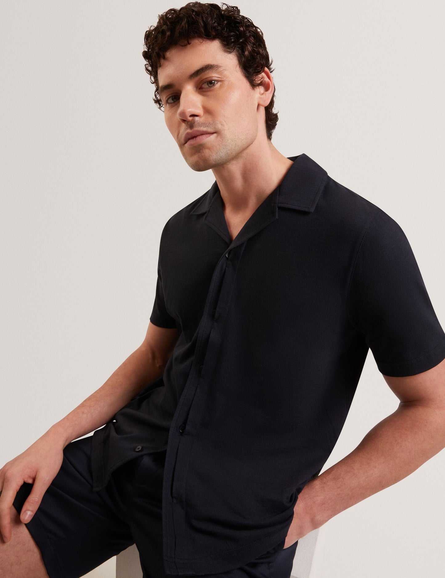 Ted Baker FENDRY Relaxed Cotton Linen Button-Through Shirt NAVY