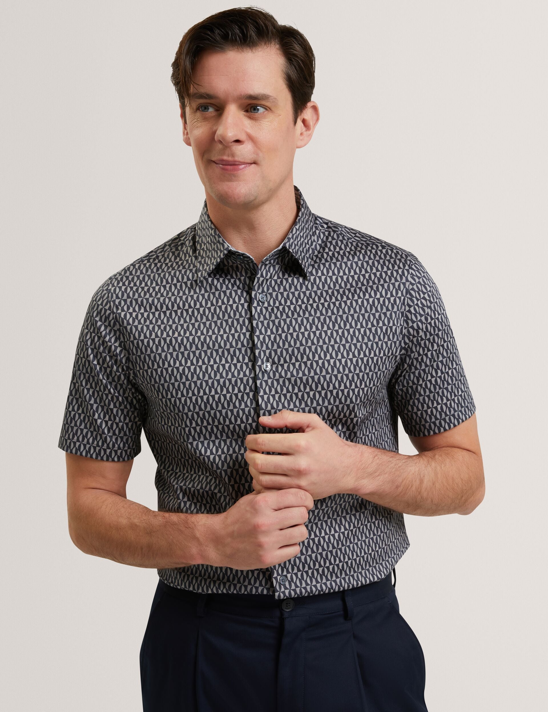 Ted Baker CAMBAY Geometric Leaf Print Short Sleeve Shirt NAVY
