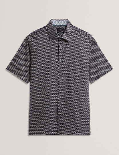 Ted Baker CAMBAY Geometric Leaf Print Short Sleeve Shirt NAVY