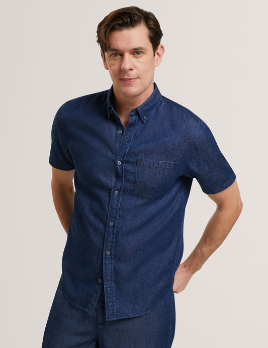 Ted Baker MIREK Regular Fit Chambray Short Sleeve Shirt NAVY BLUE
