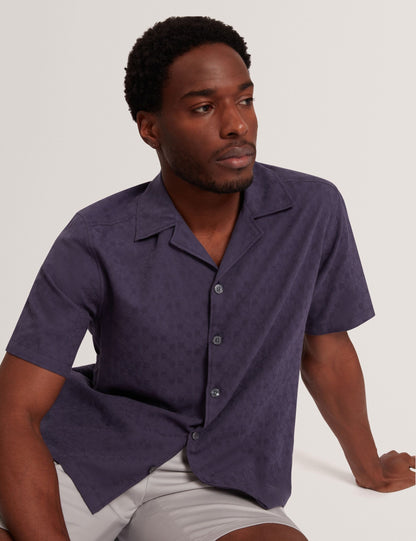 Ted Baker FLEURRE Jacquard Floral Cotton Short Sleeve Shirt NAVY