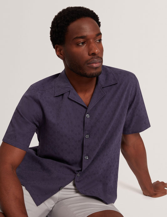 Ted Baker FLEURRE Jacquard Floral Cotton Short Sleeve Shirt NAVY
