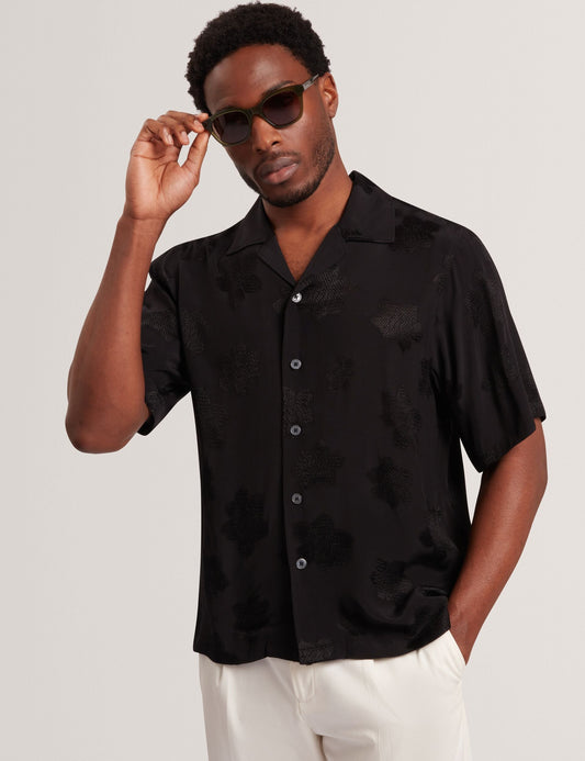 Ted Baker THOVAN Textured Floral Relaxed Short Sleeve Shirt BLACK