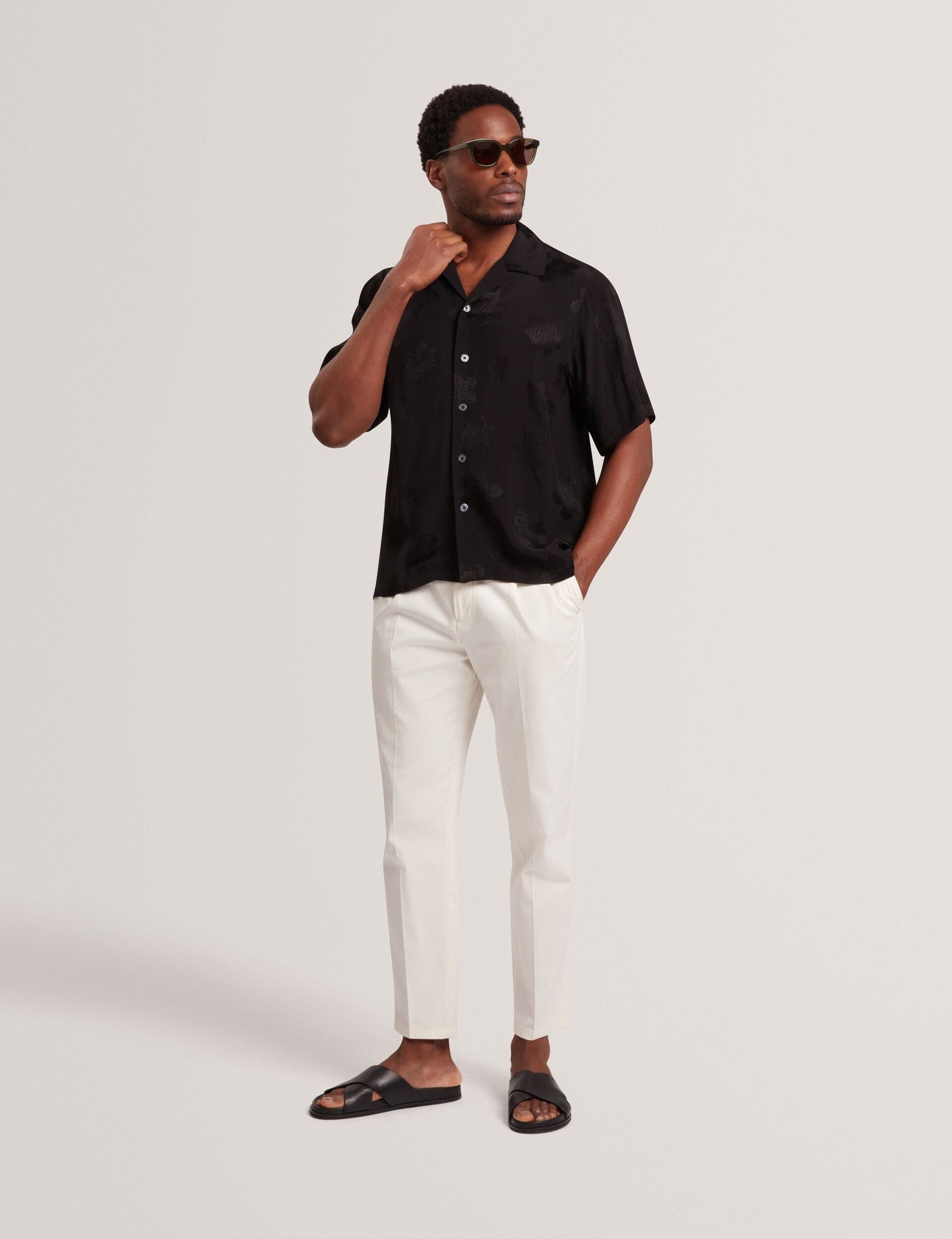 Ted Baker THOVAN Textured Floral Relaxed Short Sleeve Shirt BLACK