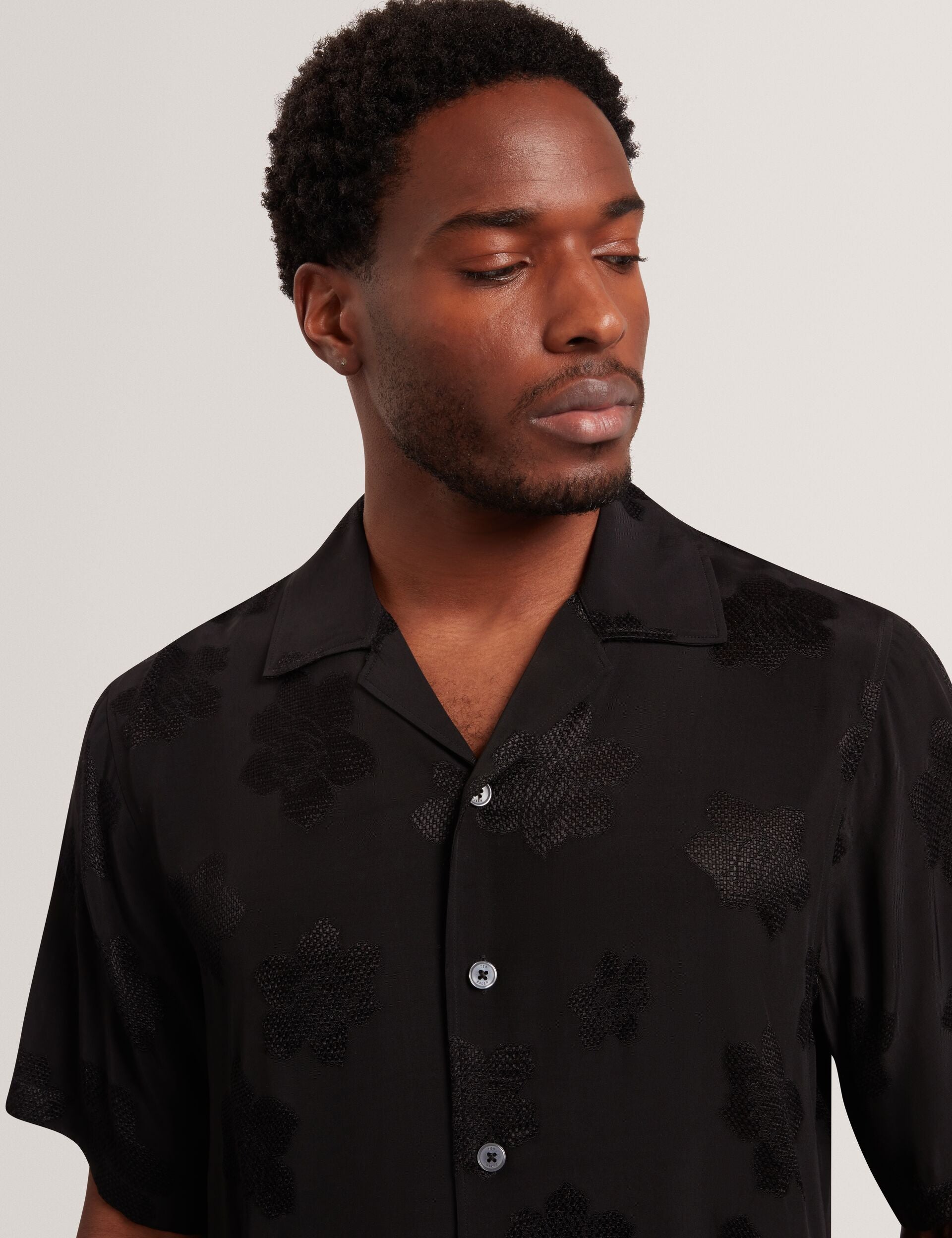 Ted Baker THOVAN Textured Floral Relaxed Short Sleeve Shirt BLACK