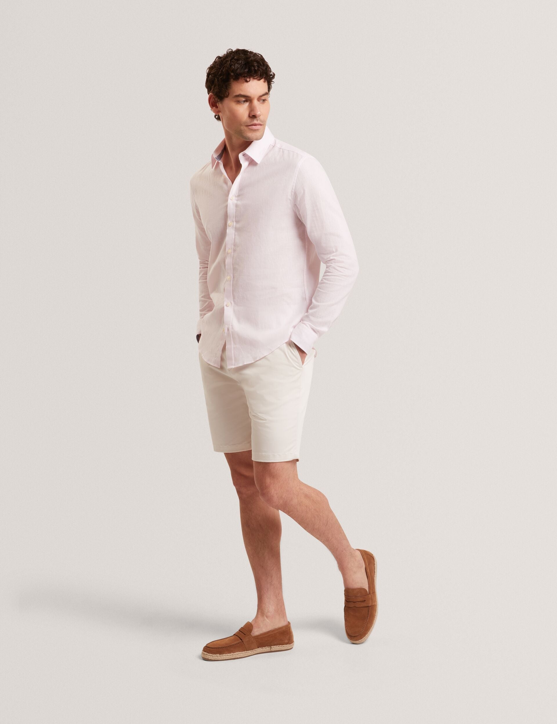 Ted Baker PRYNN Linen Cotton Woven Long Sleeve Shirt LIGHT PINK