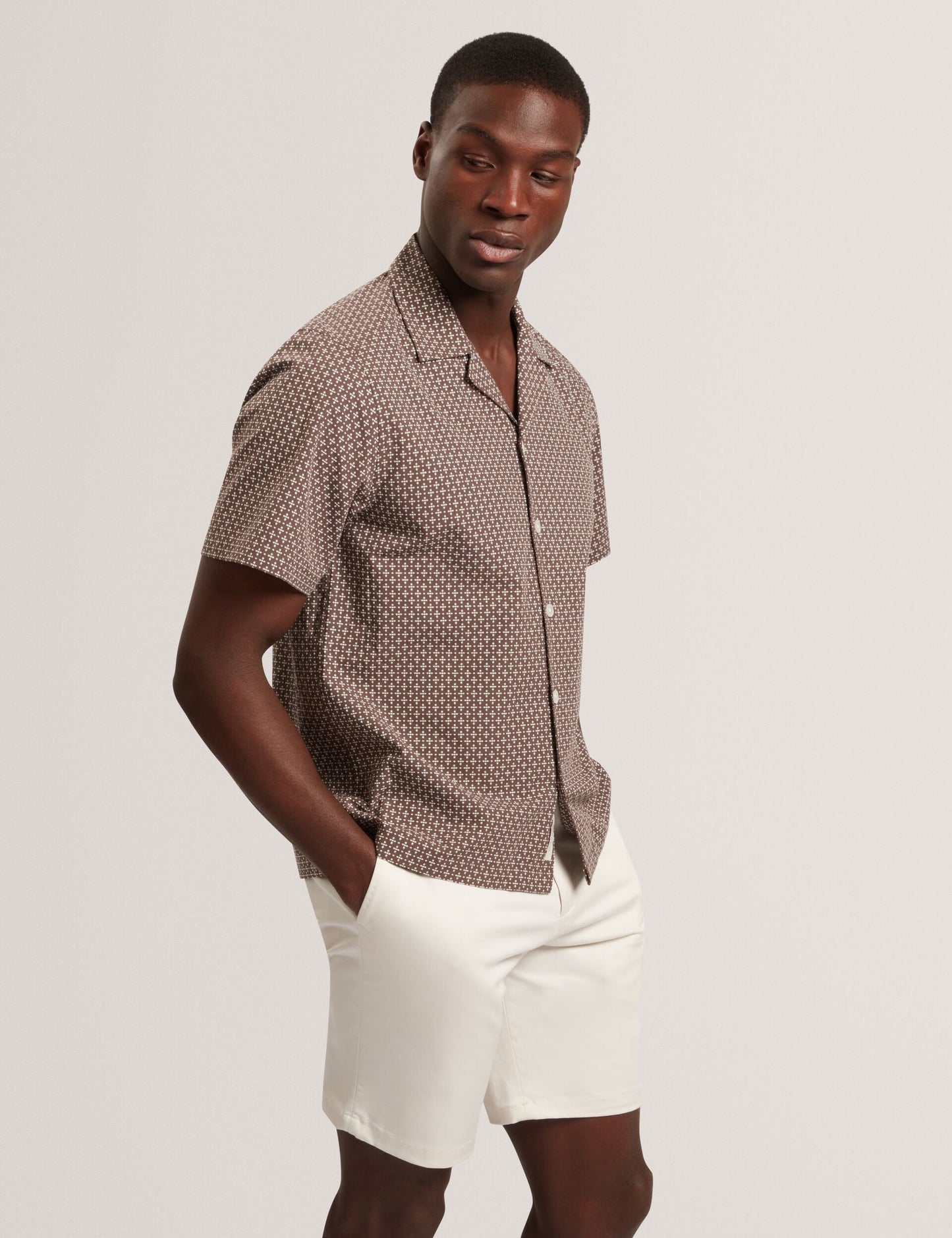 Ted Baker MERRIK Relaxed Geo Stitch Short Sleeve Shirt BROWN