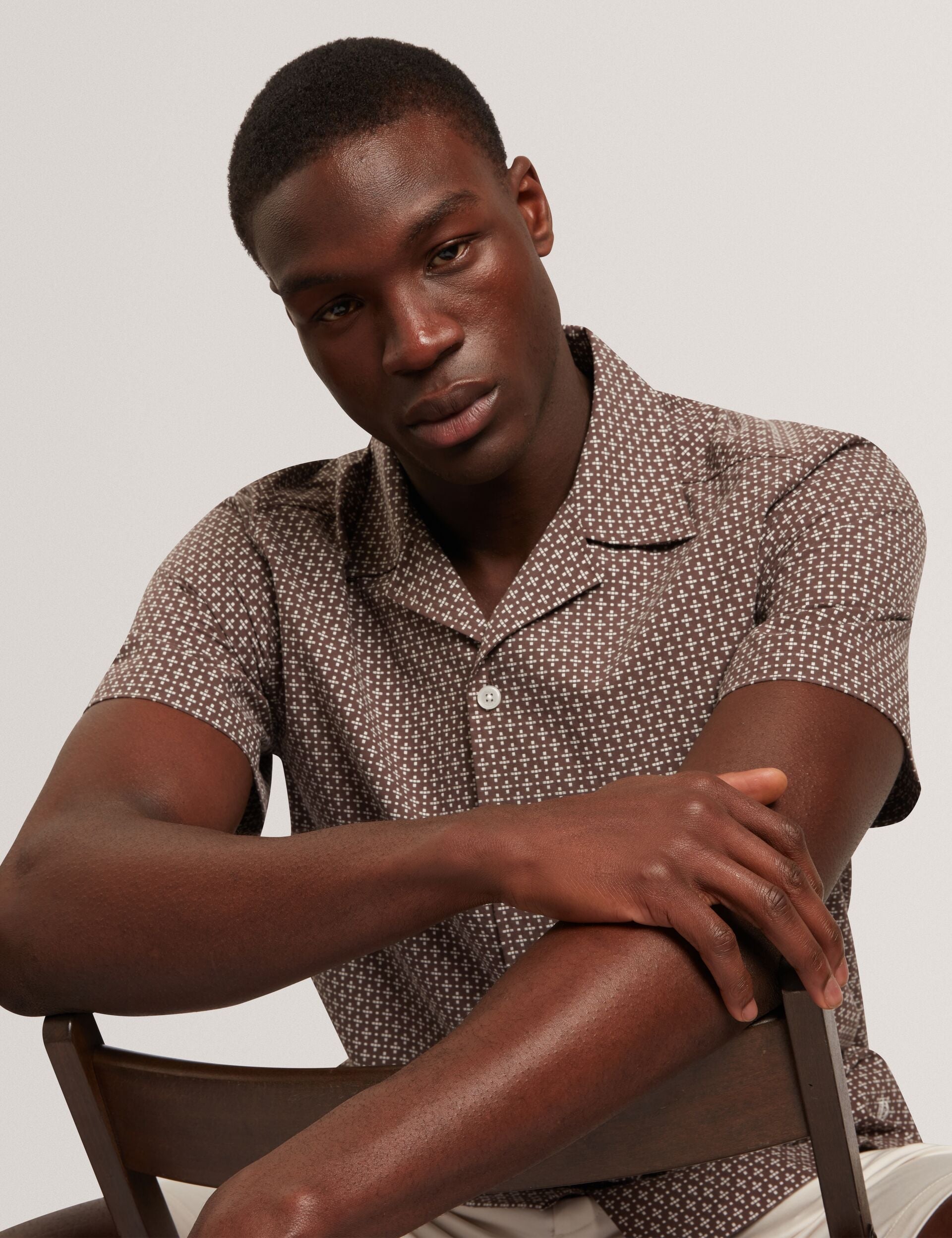 Ted Baker MERRIK Relaxed Geo Stitch Short Sleeve Shirt BROWN