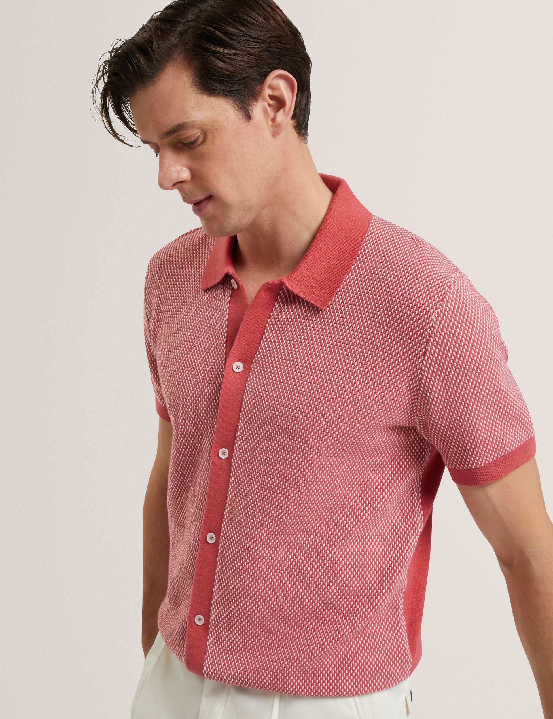 Ted Baker NOLIVA Textured Stitch Knitted Button-Through Shirt RED