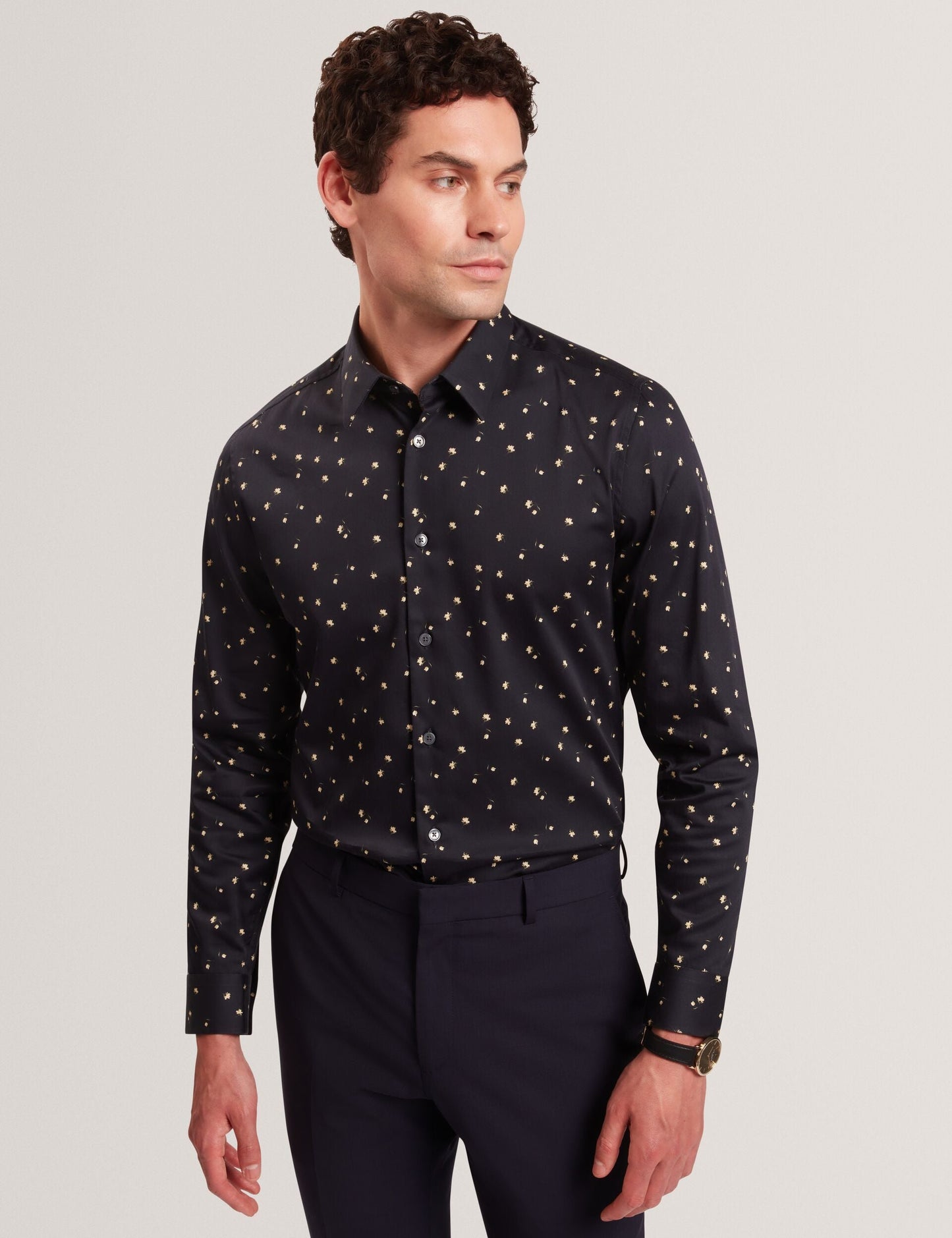 Ted Baker ISKRAN Ditsy Blooms Slim Long Sleeve Shirt NAVY