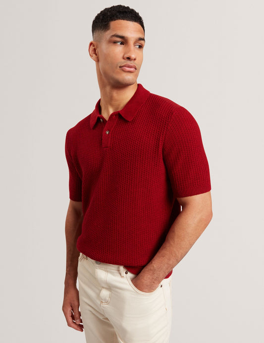 Ted Baker CAELUM Herringbone Texture Knit Short Sleeve Polo RED
