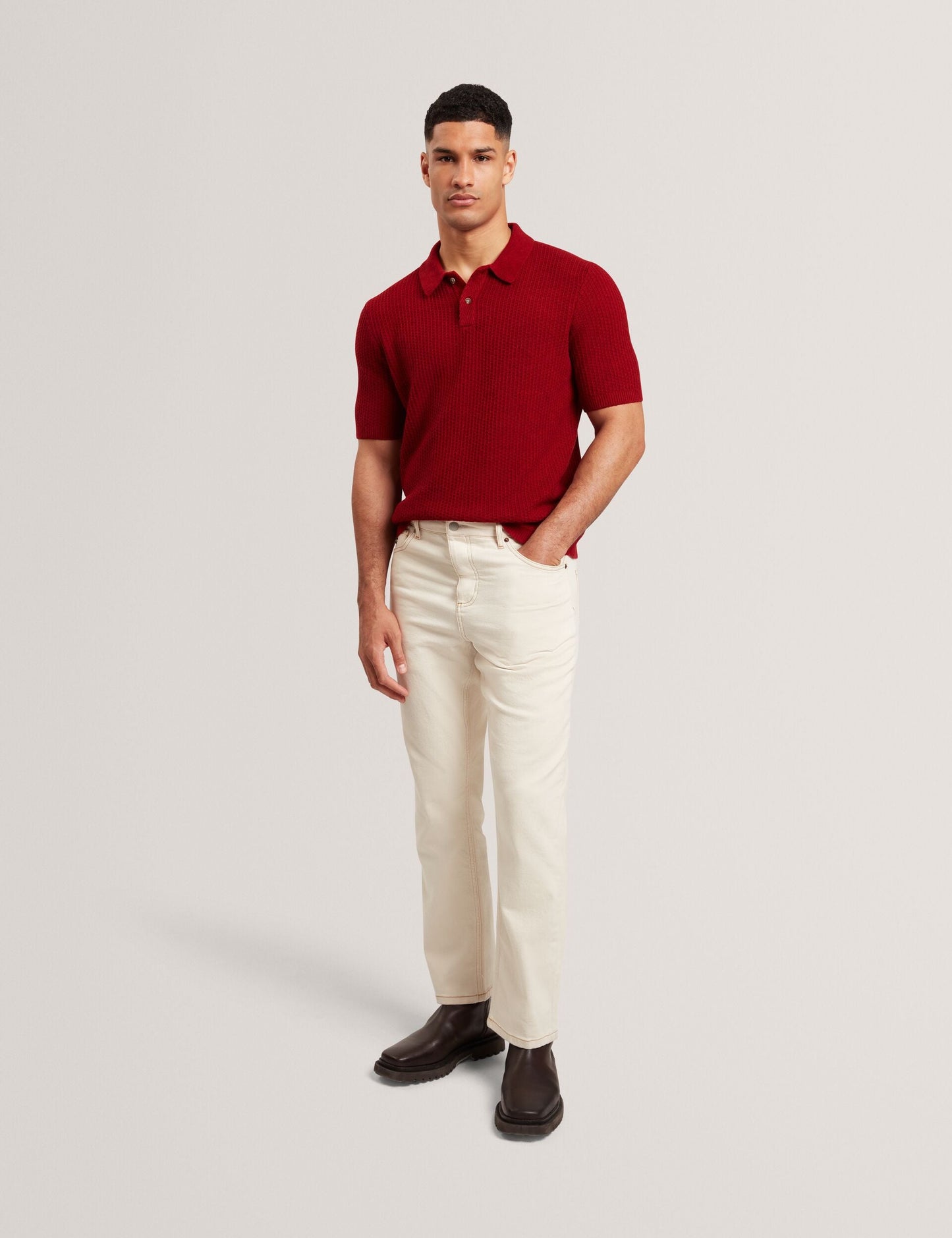 Ted Baker CAELUM Herringbone Texture Knit Short Sleeve Polo RED