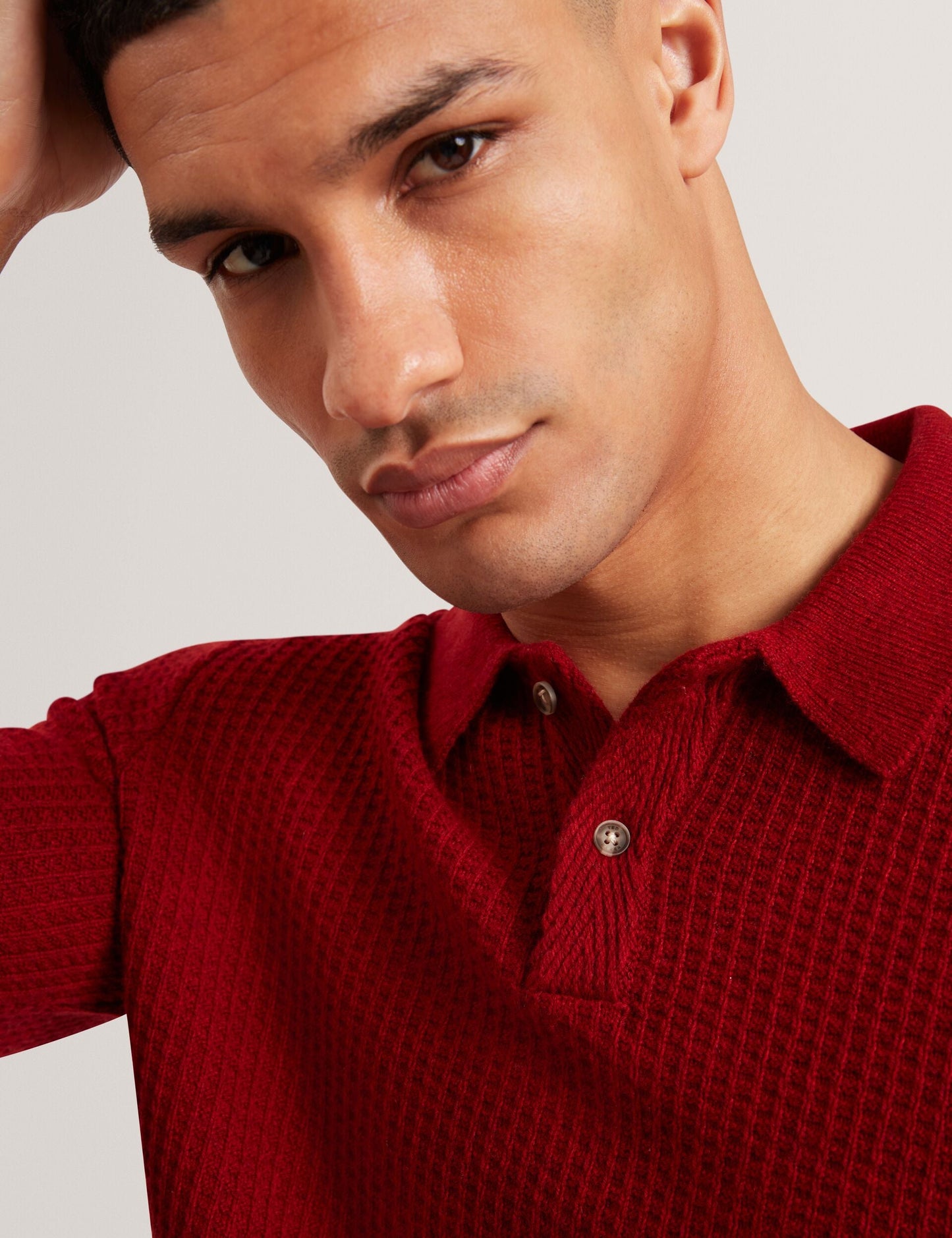 Ted Baker CAELUM Herringbone Texture Knit Short Sleeve Polo RED