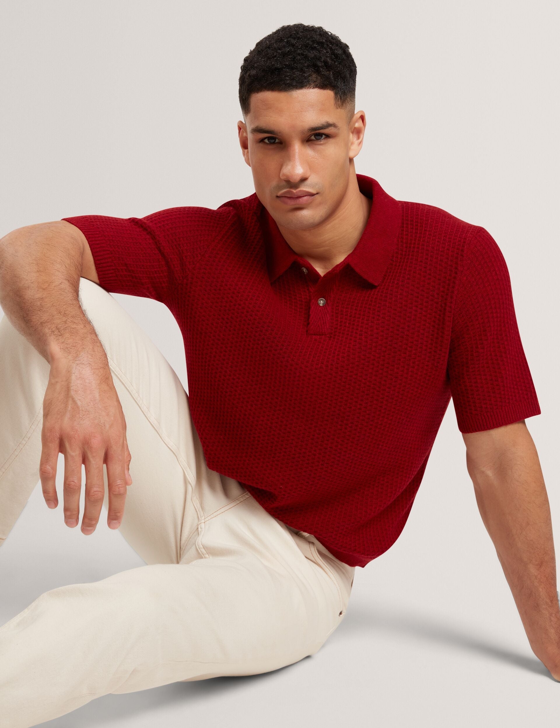 Ted Baker CAELUM Herringbone Texture Knit Short Sleeve Polo RED