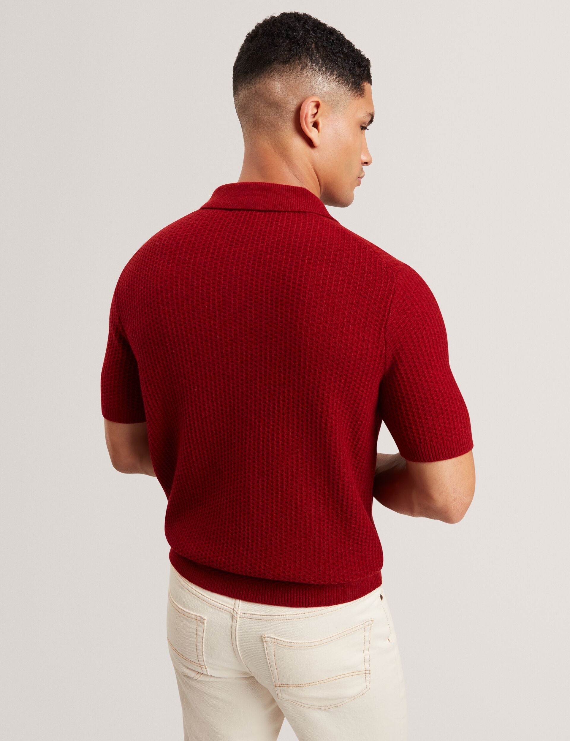 Ted Baker CAELUM Herringbone Texture Knit Short Sleeve Polo RED
