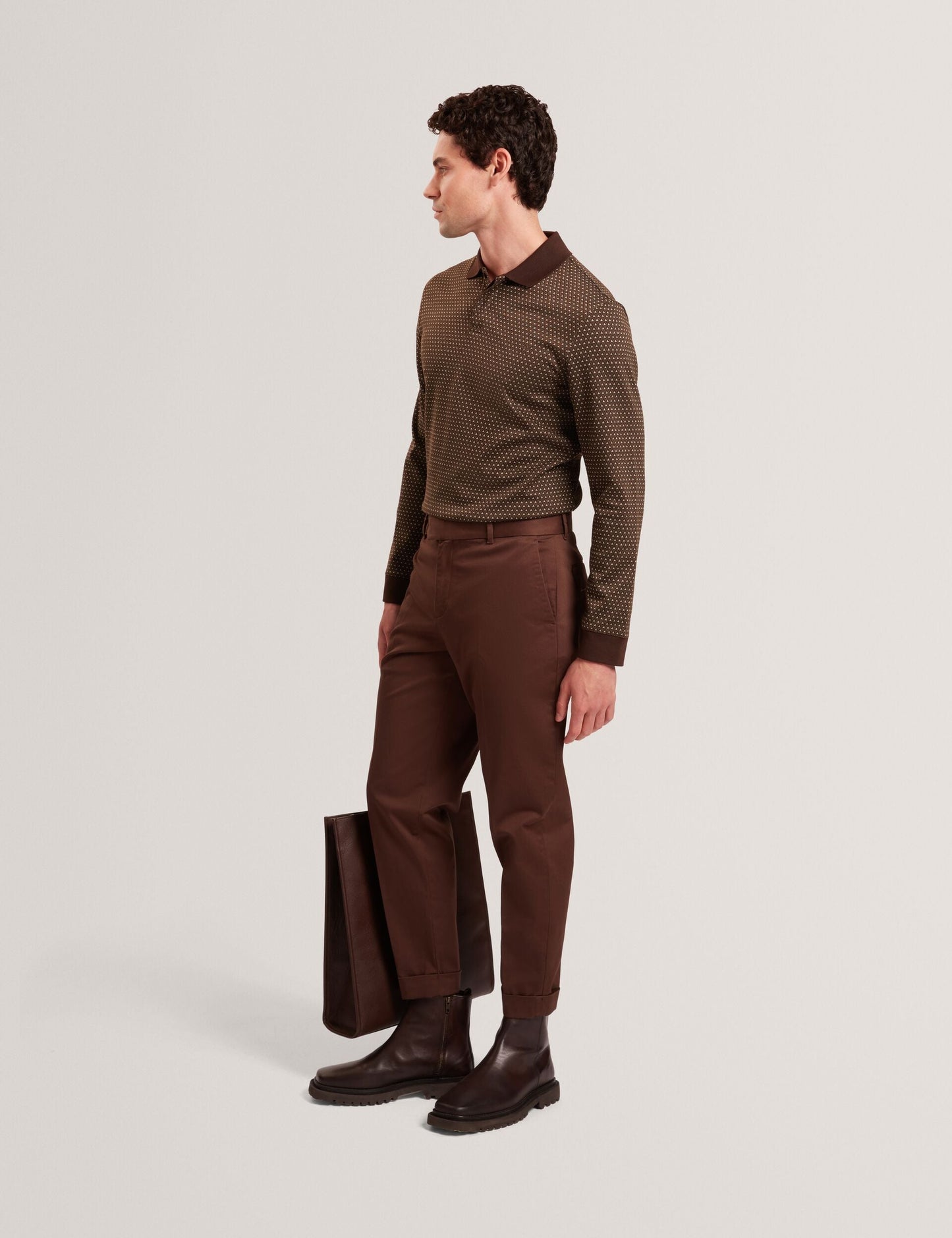 Ted Baker DURAND – Long Sleeve Geo Jacquard Polo BROWN