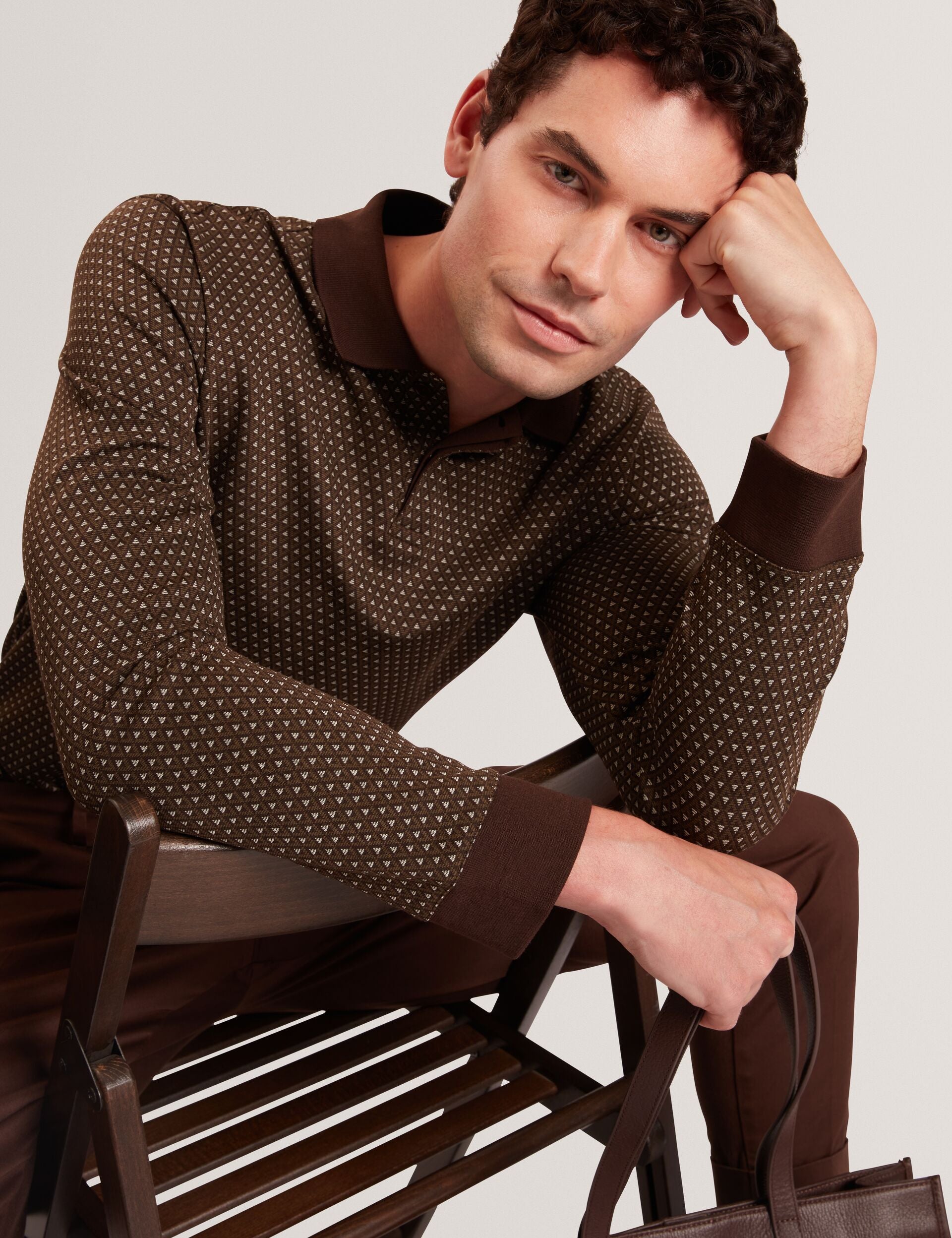 Ted Baker DURAND – Long Sleeve Geo Jacquard Polo BROWN