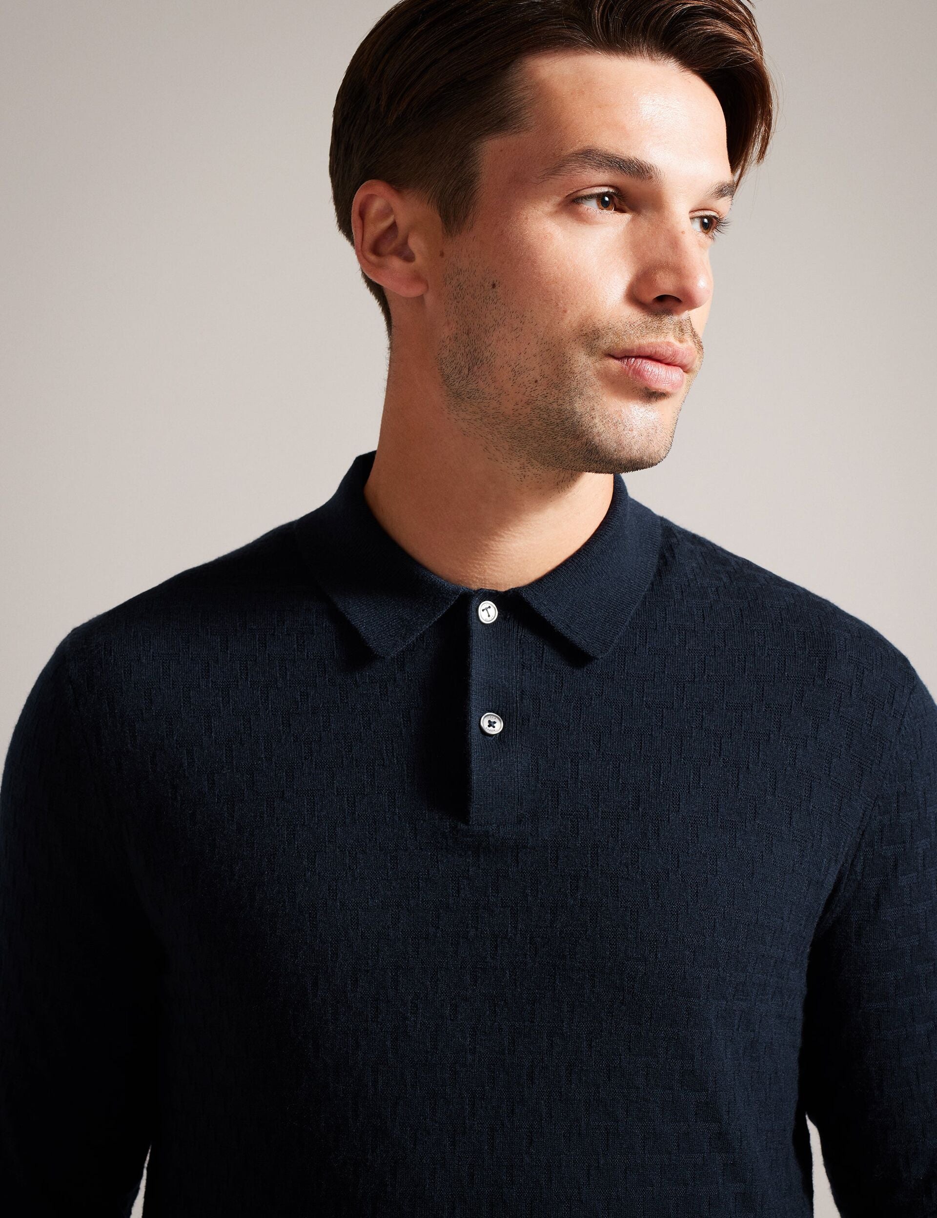 Ted Baker MORAR - T Knit Long Sleeve Polo Top NAVY GREEN