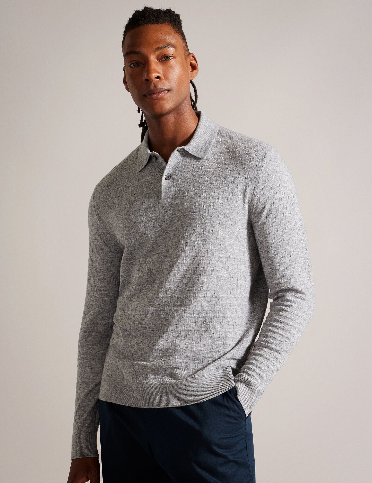 Ted Baker MORAR - Long Sleeve T Stitch Knitted Polo GREY MARL