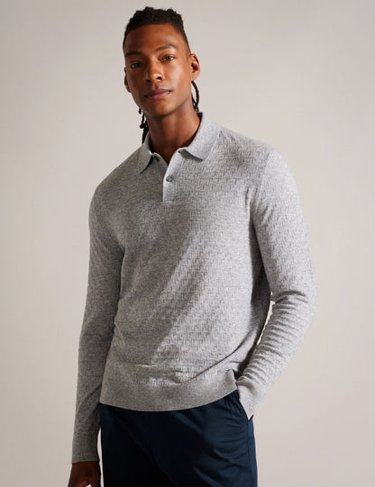 Ted Baker MORAR - Long Sleeve T Stitch Knitted Polo GREY MARL
