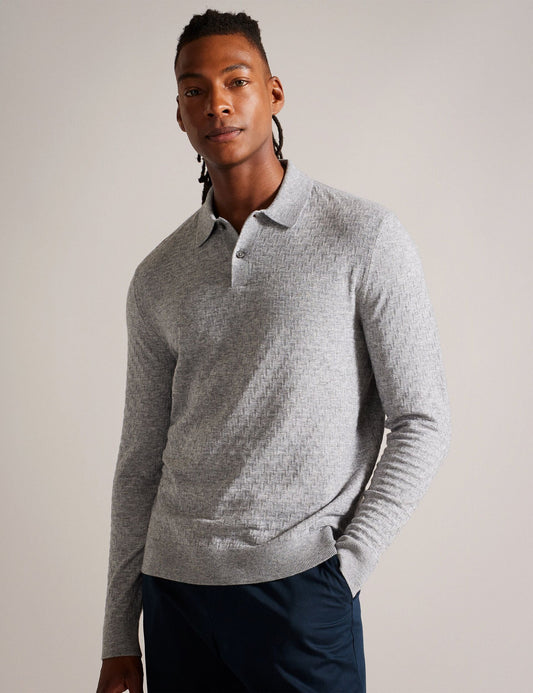 Ted Baker MORAR - Long Sleeve T Stitch Knitted Polo GREY MARL