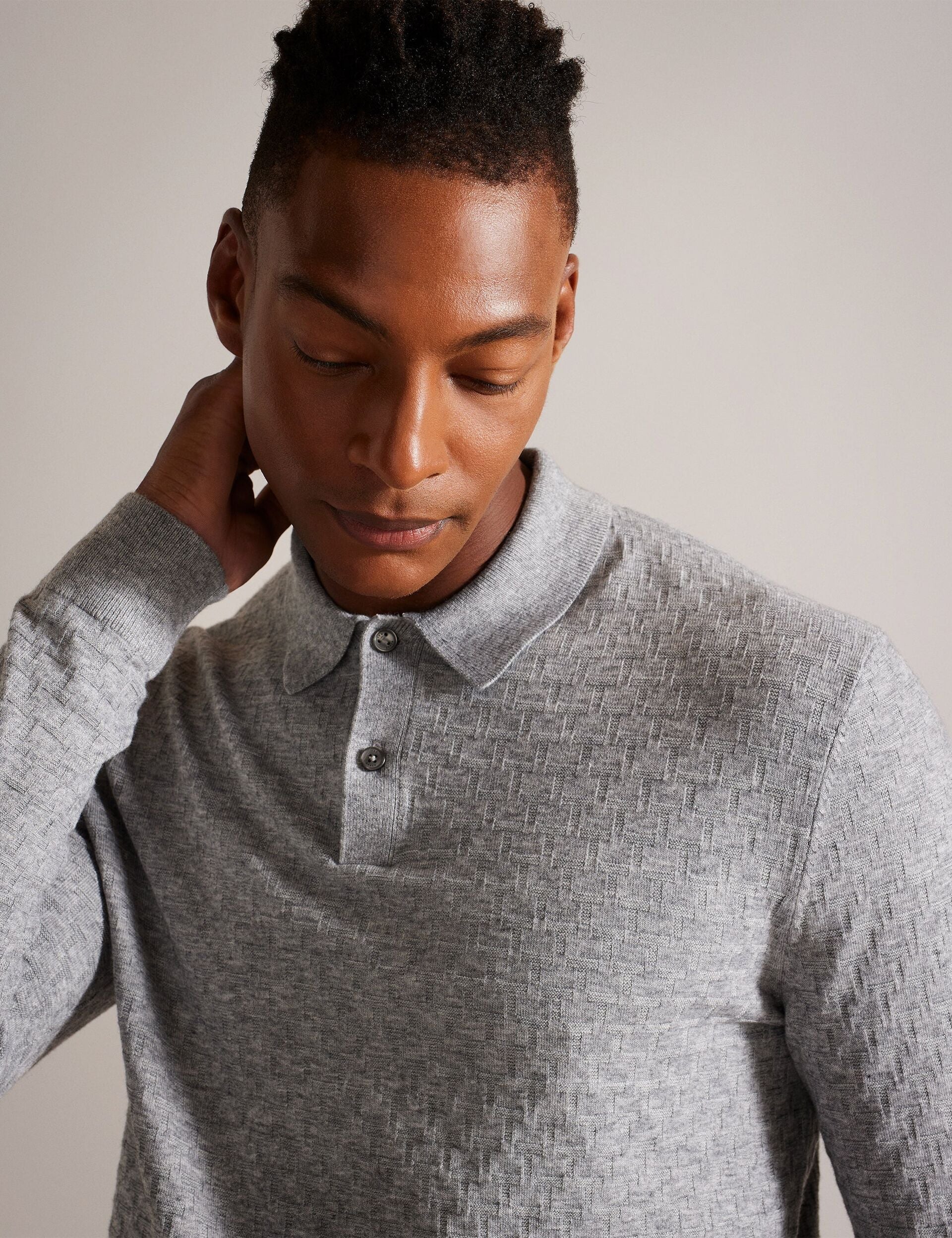 Ted Baker MORAR - Long Sleeve T Stitch Knitted Polo GREY MARL