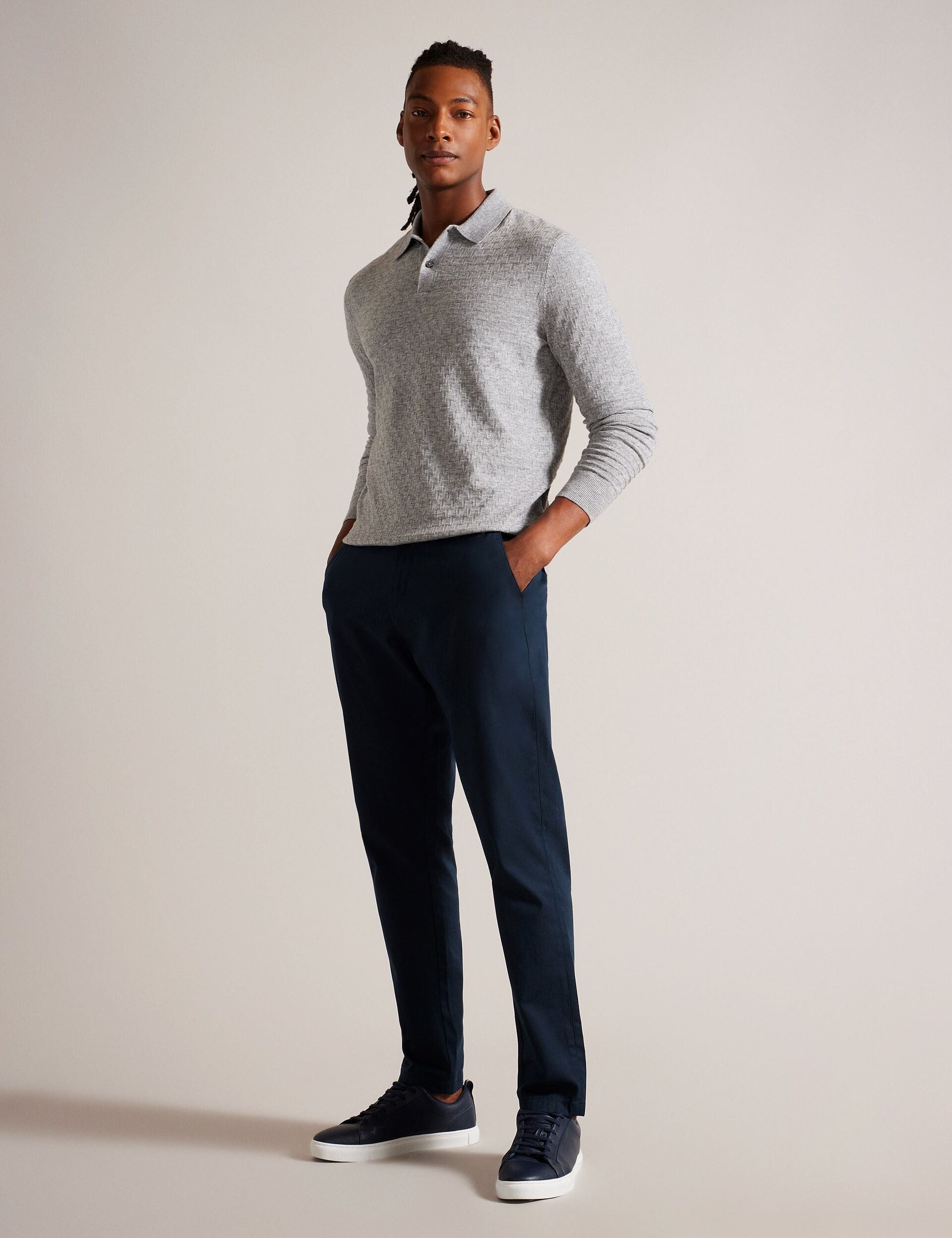 Ted Baker MORAR - Long Sleeve T Stitch Knitted Polo GREY MARL