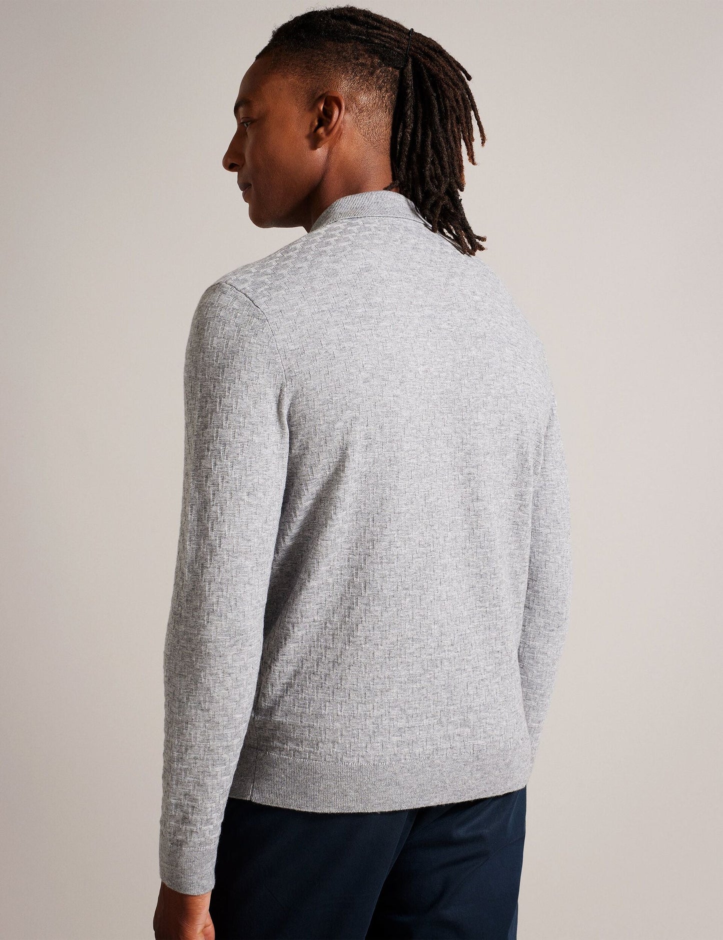 Ted Baker MORAR - Long Sleeve T Stitch Knitted Polo GREY MARL
