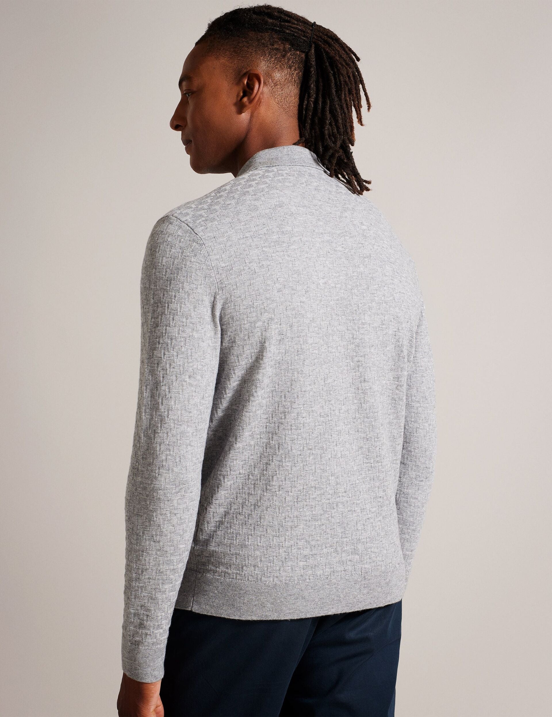 Ted Baker MORAR - Long Sleeve T Stitch Knitted Polo GREY MARL