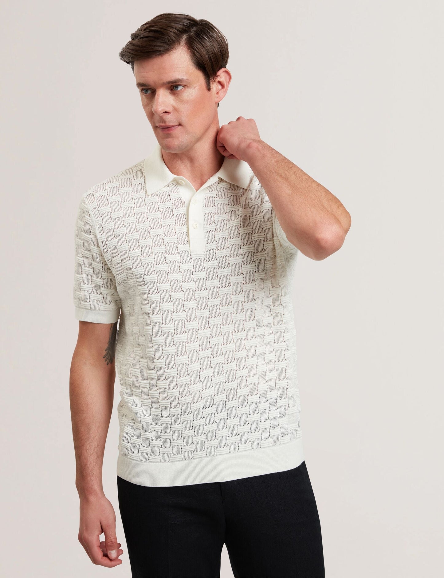 Ted Baker WATERBY - White Textured Knit Silk Cotton Polo Shirt WHITE
