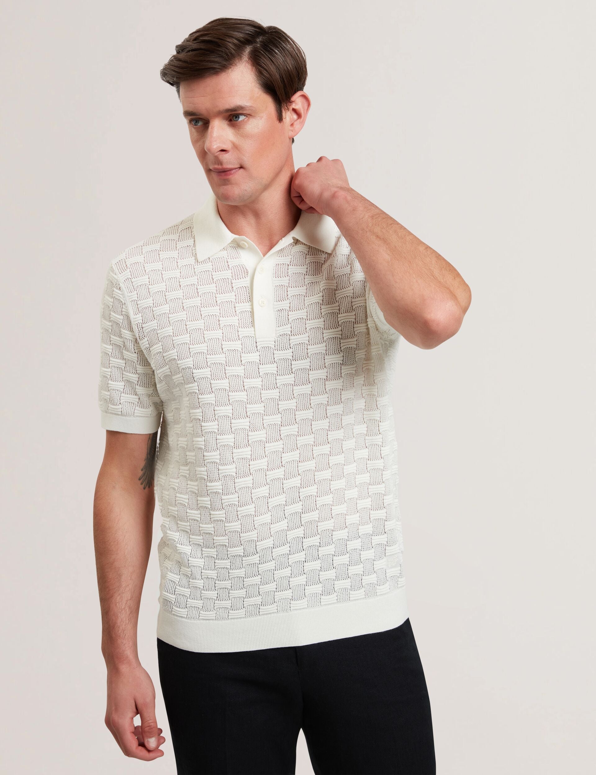 Ted Baker WATERBY - White Textured Knit Silk Cotton Polo Shirt WHITE
