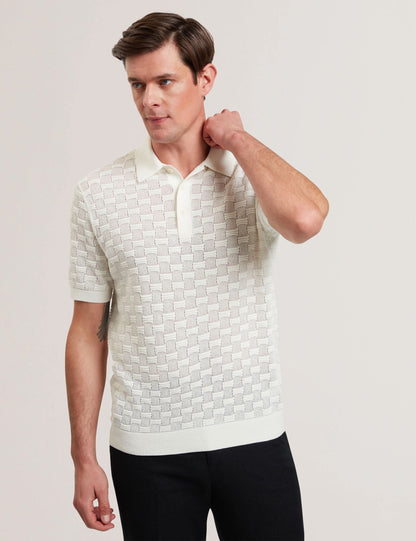 Ted Baker WATERBY - White Textured Knit Silk Cotton Polo Shirt WHITE