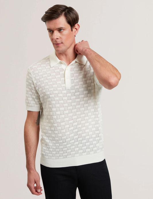 Ted Baker WATERBY - White Textured Knit Silk Cotton Polo Shirt WHITE