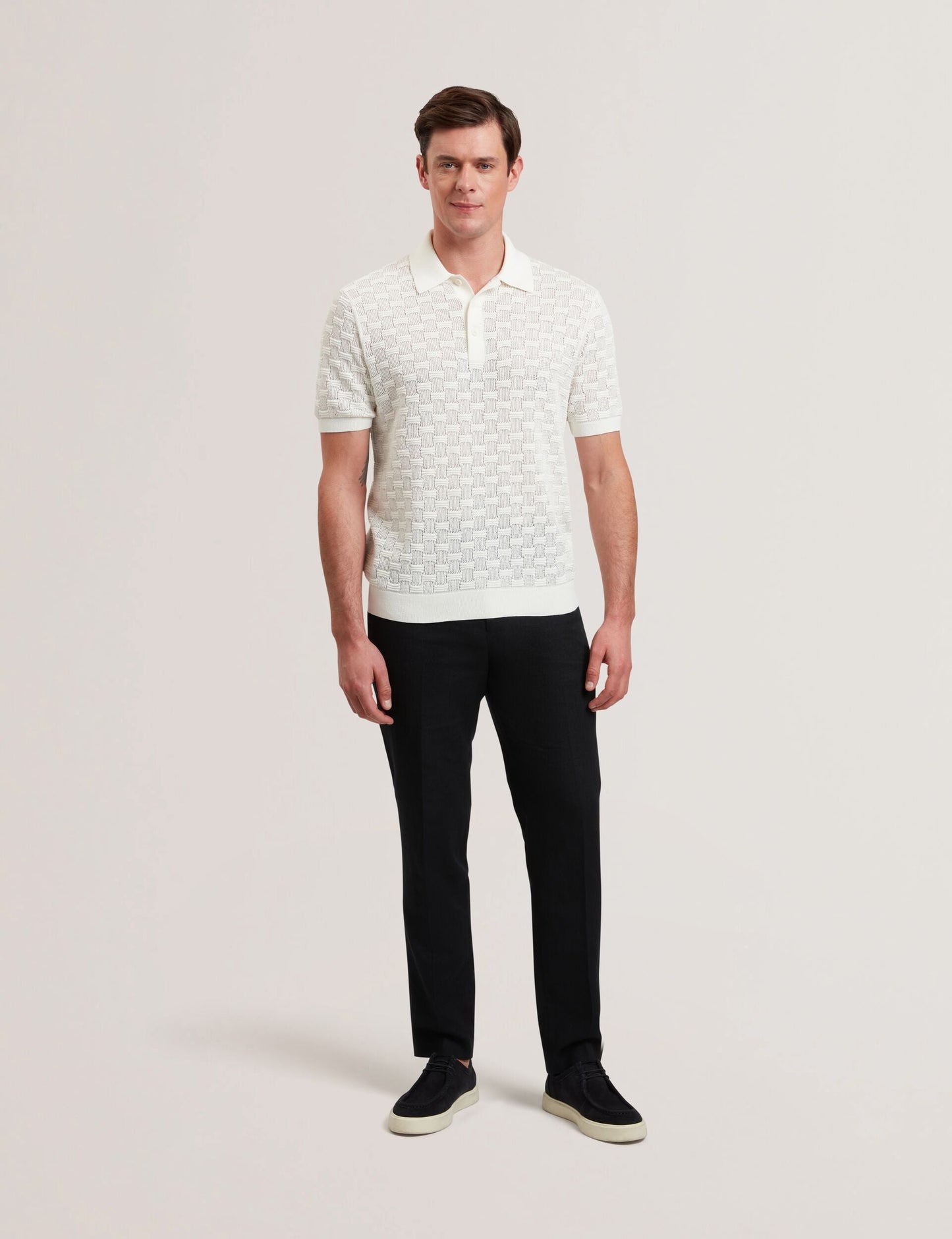 Ted Baker WATERBY - White Textured Knit Silk Cotton Polo Shirt WHITE