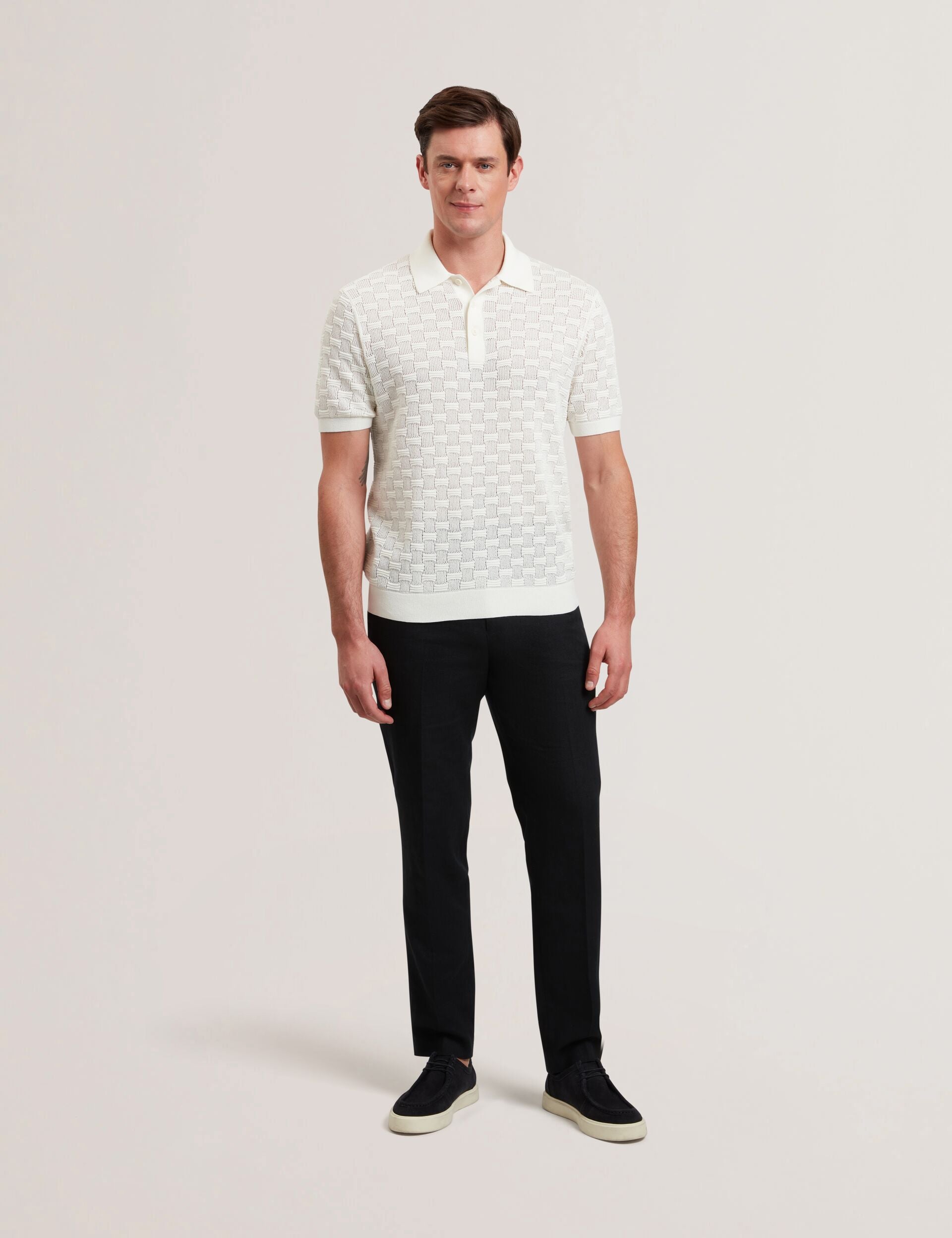 Ted Baker WATERBY - White Textured Knit Silk Cotton Polo Shirt WHITE