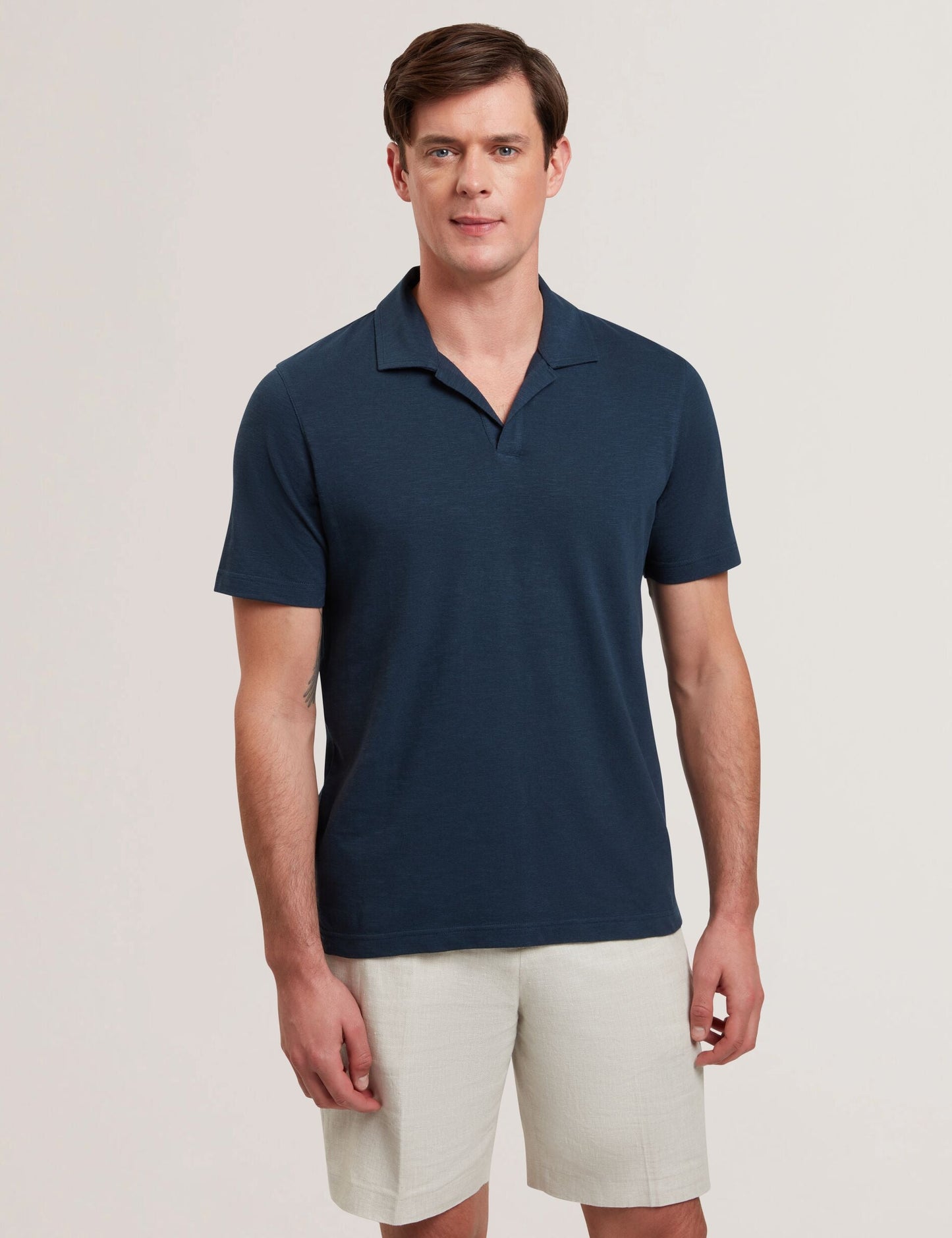 Ted Baker ANITO Open Neck Cotton Linen Polo Shirt NAVY