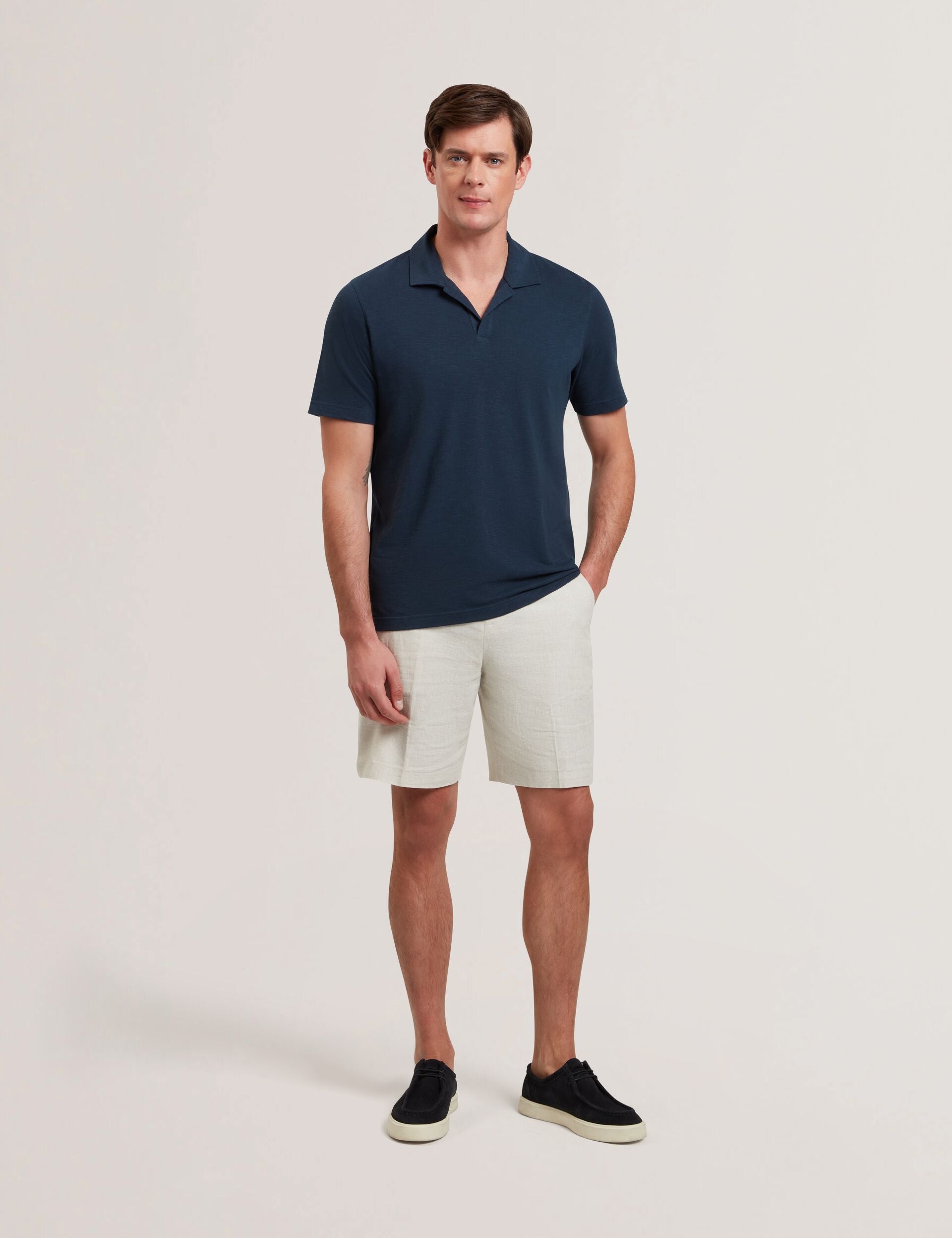 Ted Baker ANITO Open Neck Cotton Linen Polo Shirt NAVY
